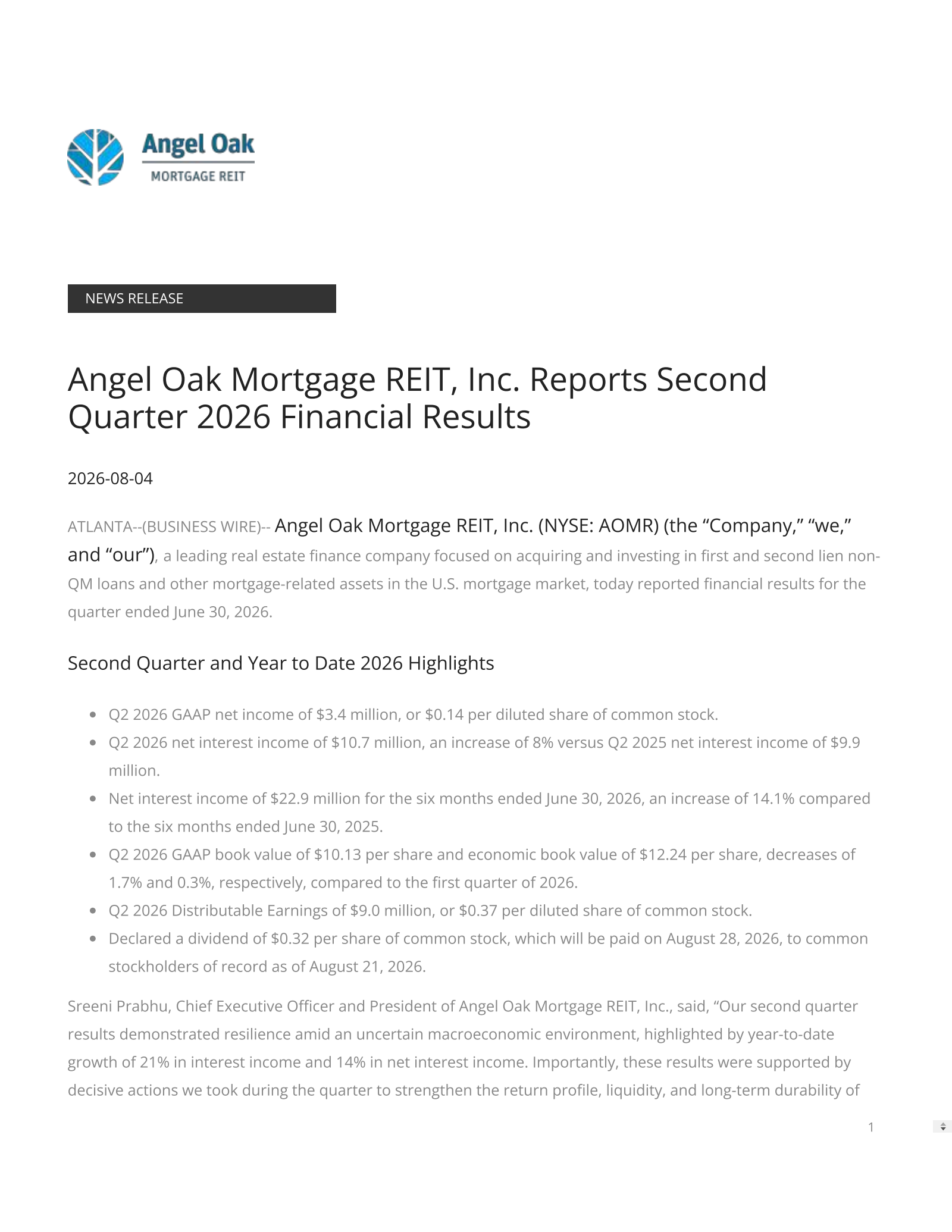 Angel Oak Mortgage REIT's Q2 2026 Press Release