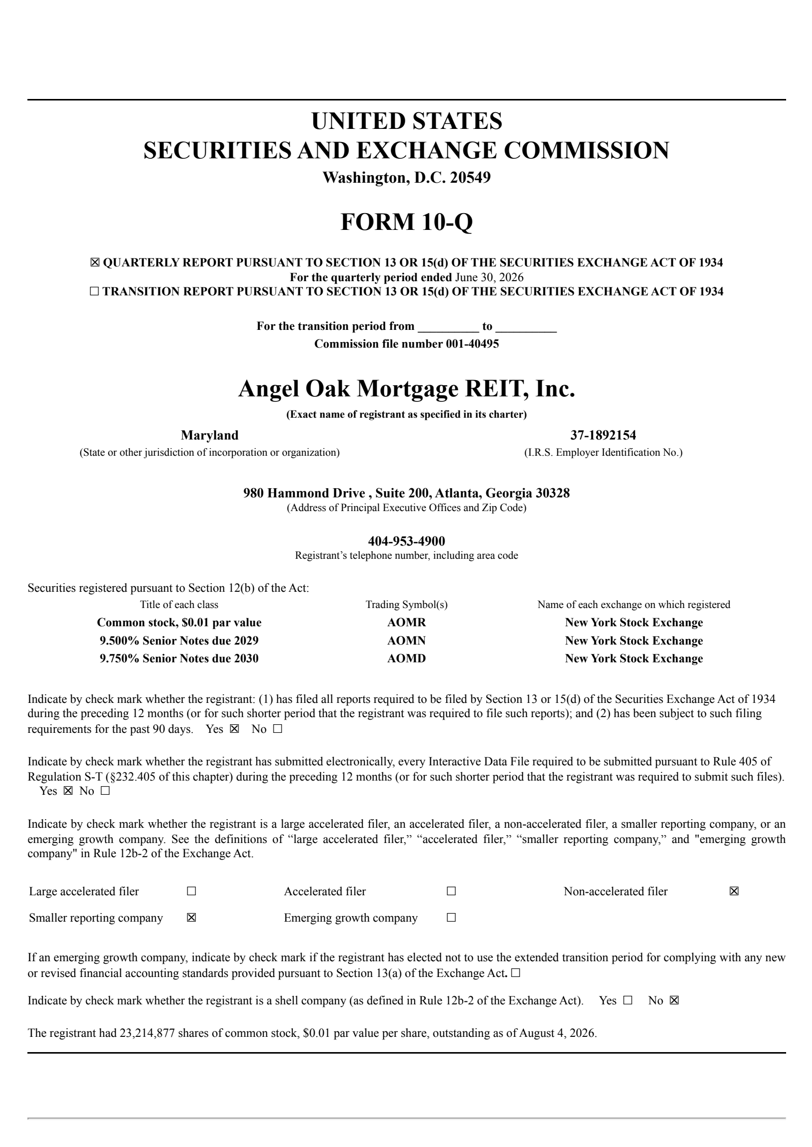 Angel Oak Mortgage REIT's Q2 2026 Quarterly report