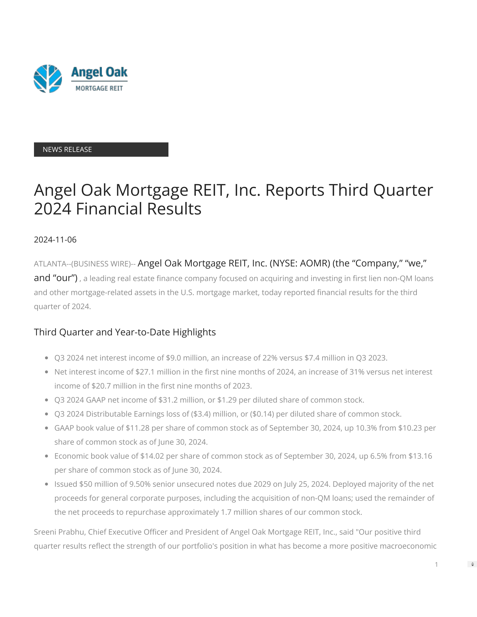 Angel Oak Mortgage REIT's Q3 2024 Press Release
