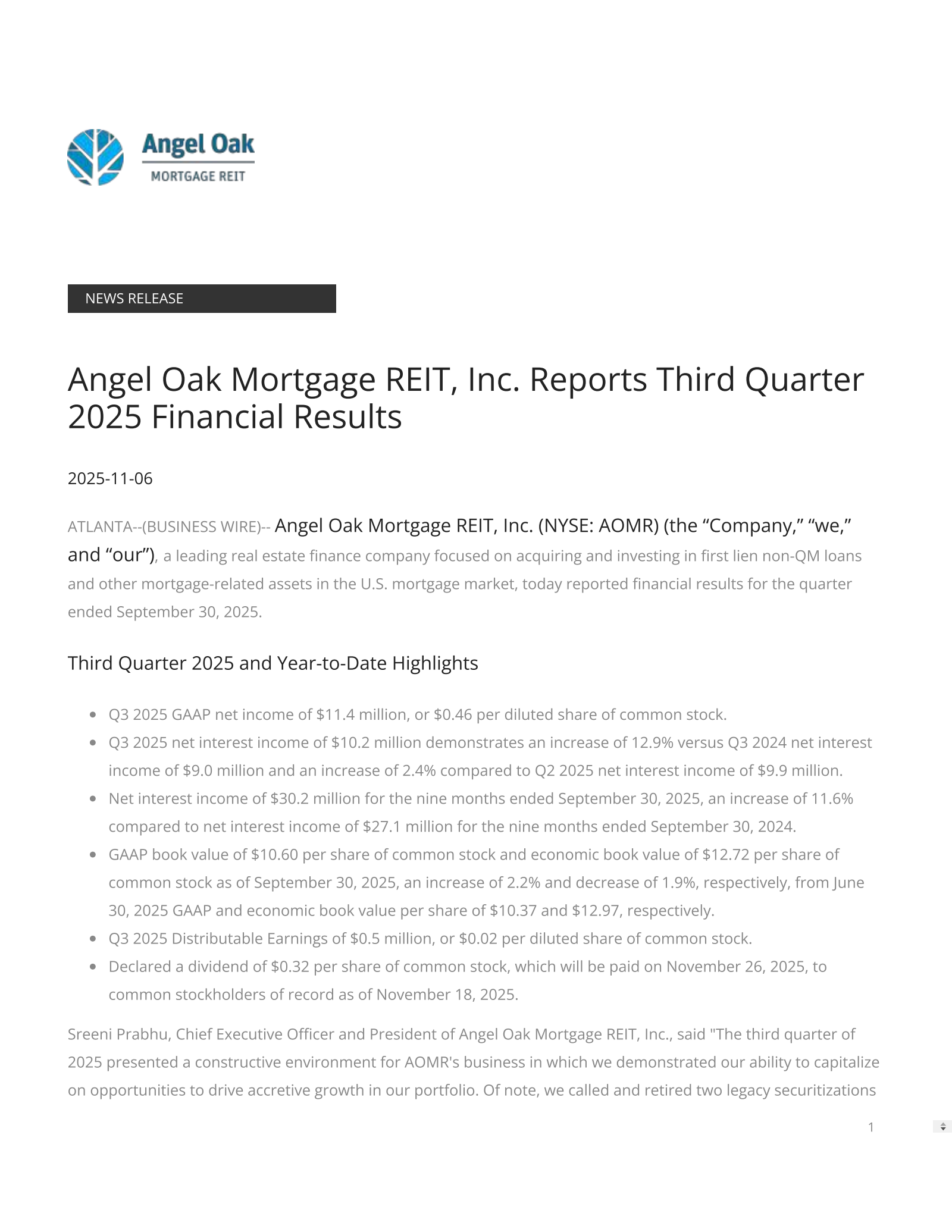 Angel Oak Mortgage REIT's Q3 2025 Earnings Release