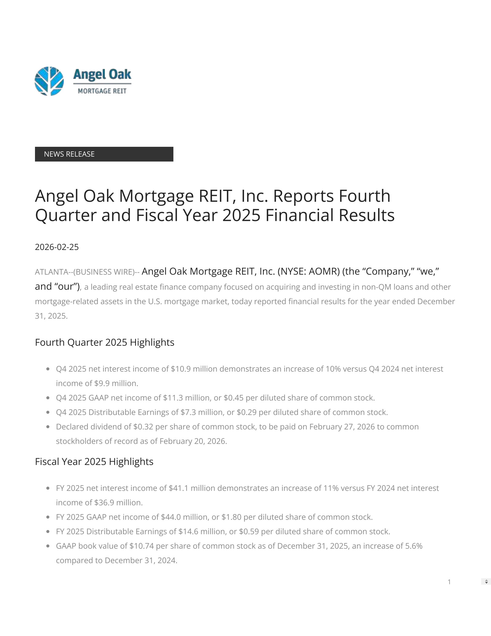 Angel Oak Mortgage REIT's Q4 2025 Press Release