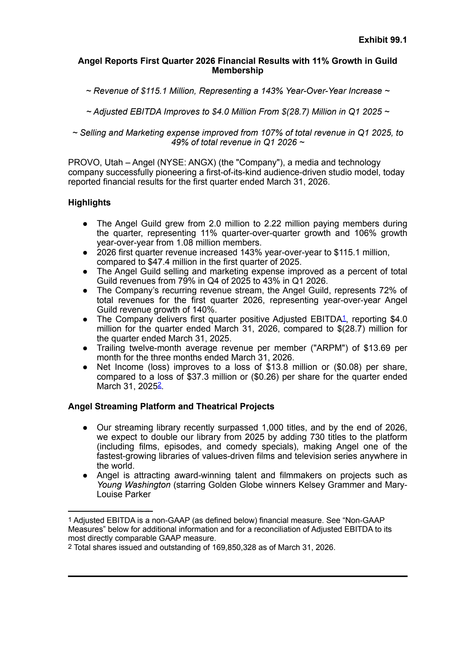 Angel Studios' Q1 2026 Press Release