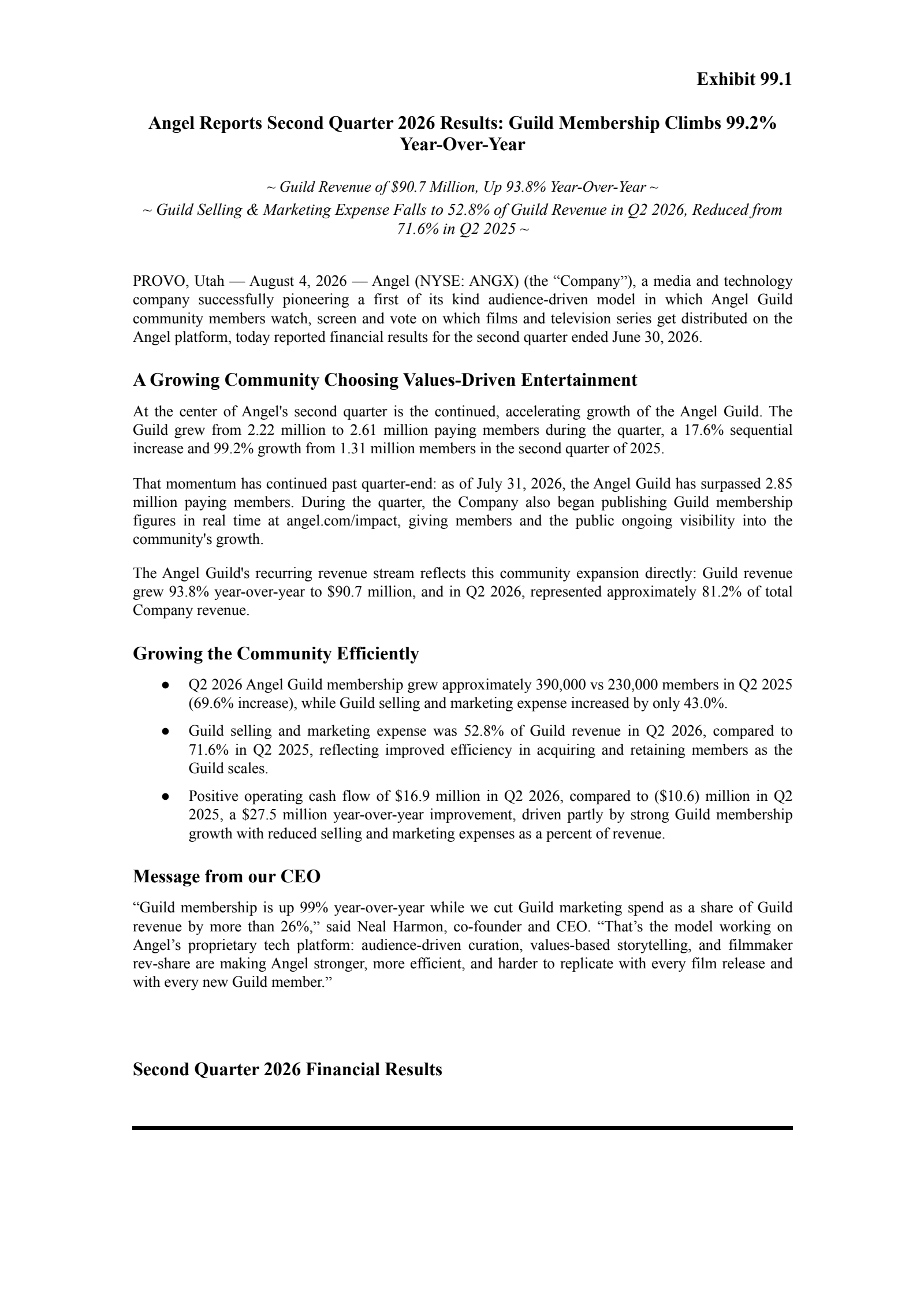Angel Studios' Q2 2026 Press Release