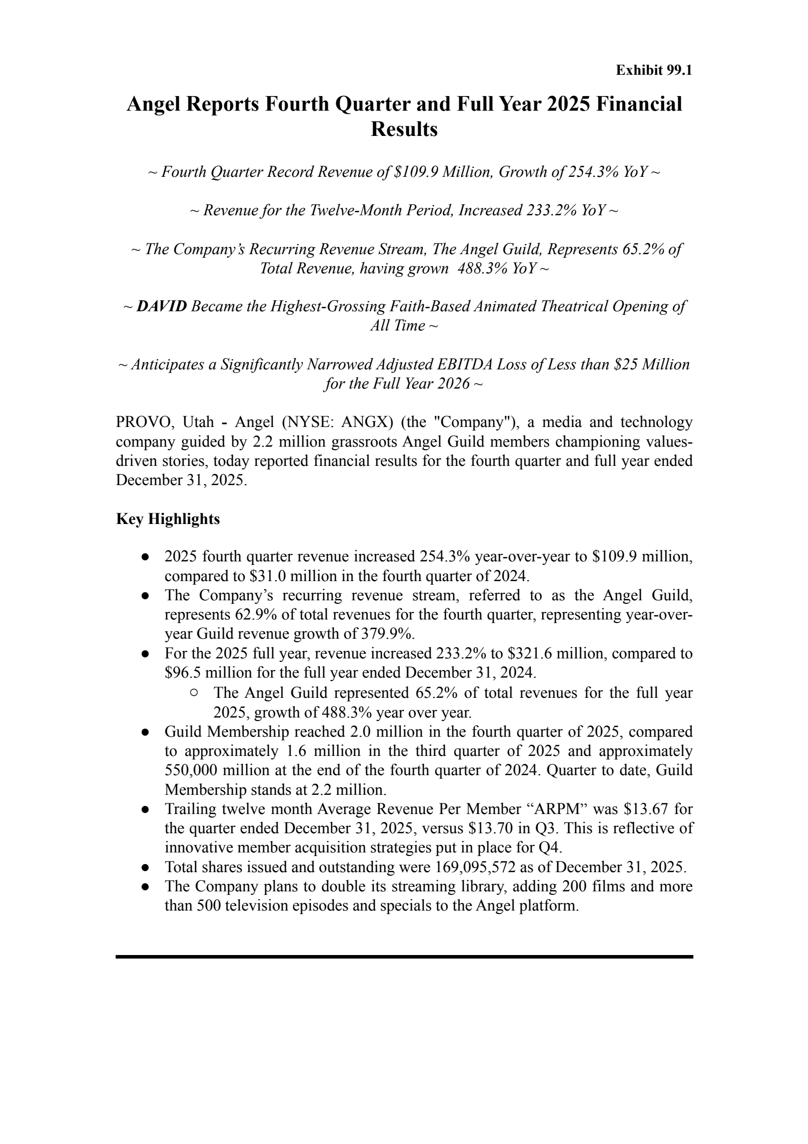 Angel Studios' Q4 2025 Press Release