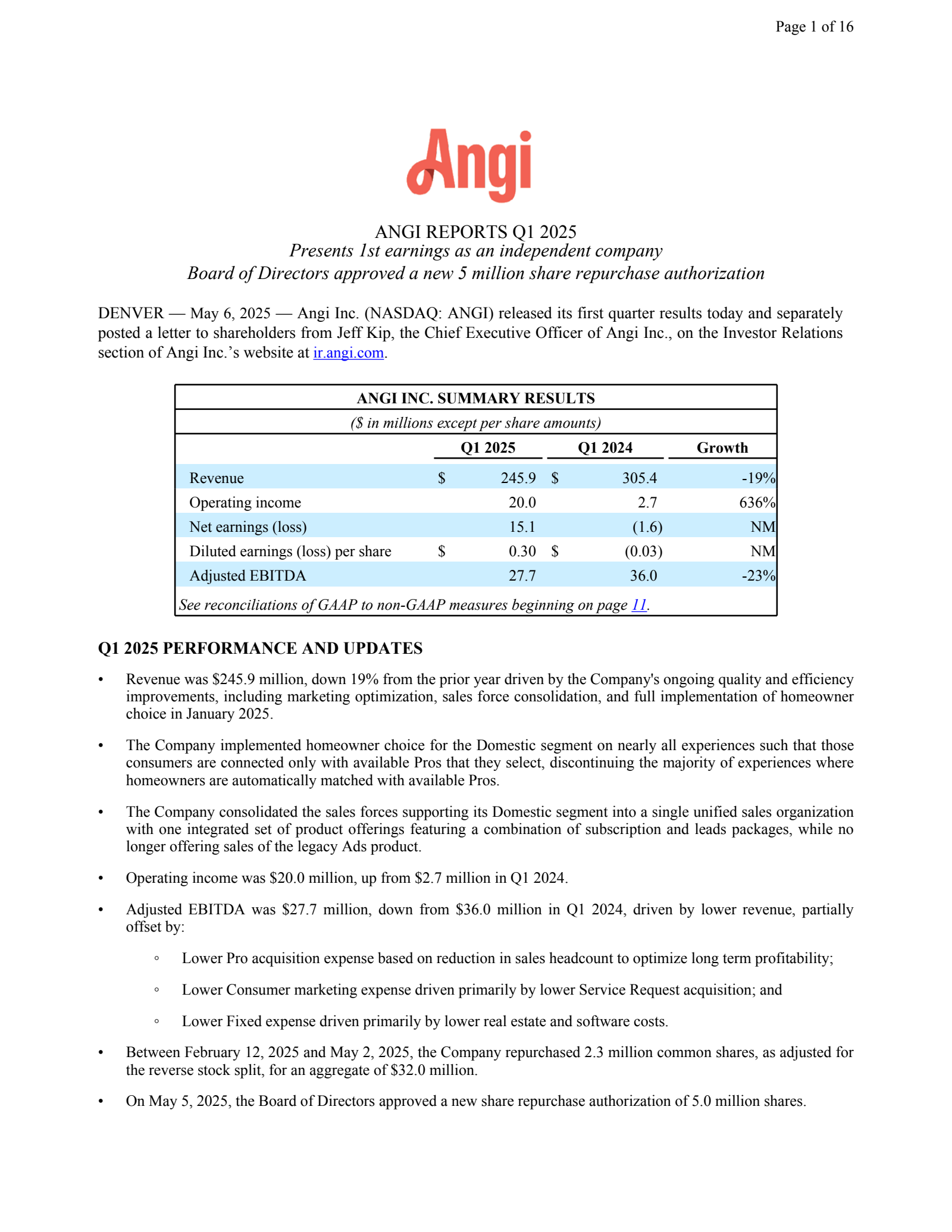 Angi's Q1 2025 Earnings Release