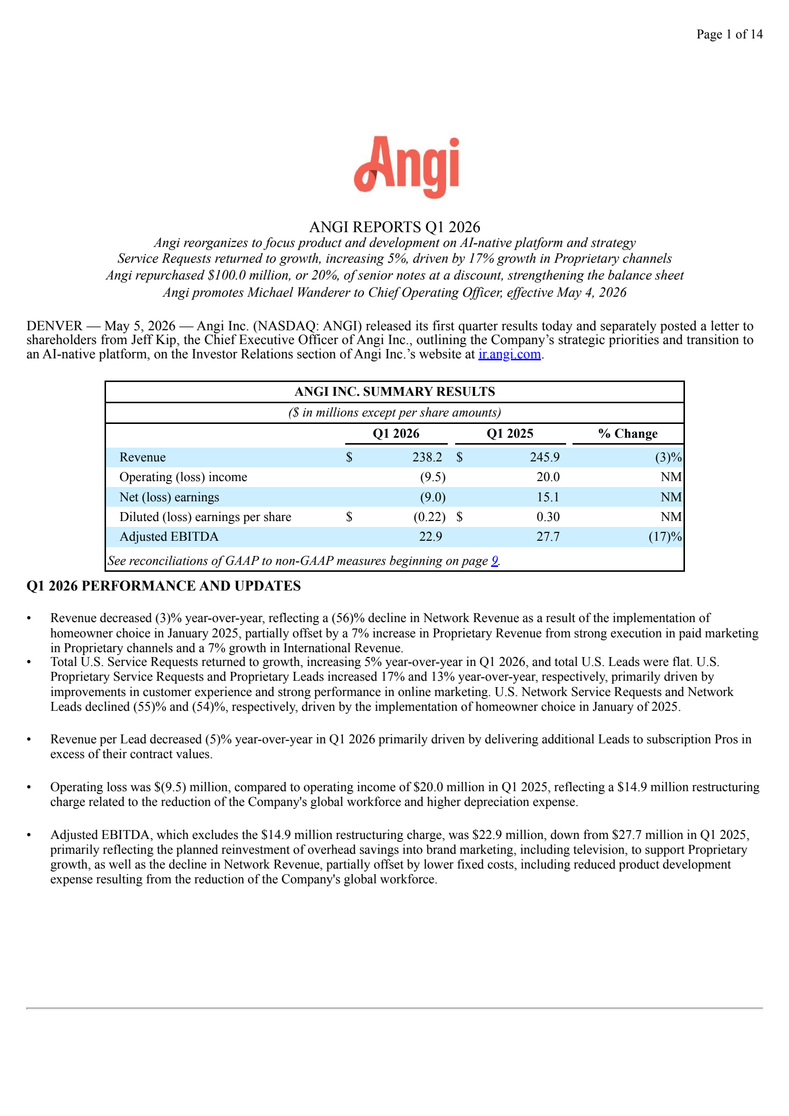 Angi's Q1 2026 Press Release