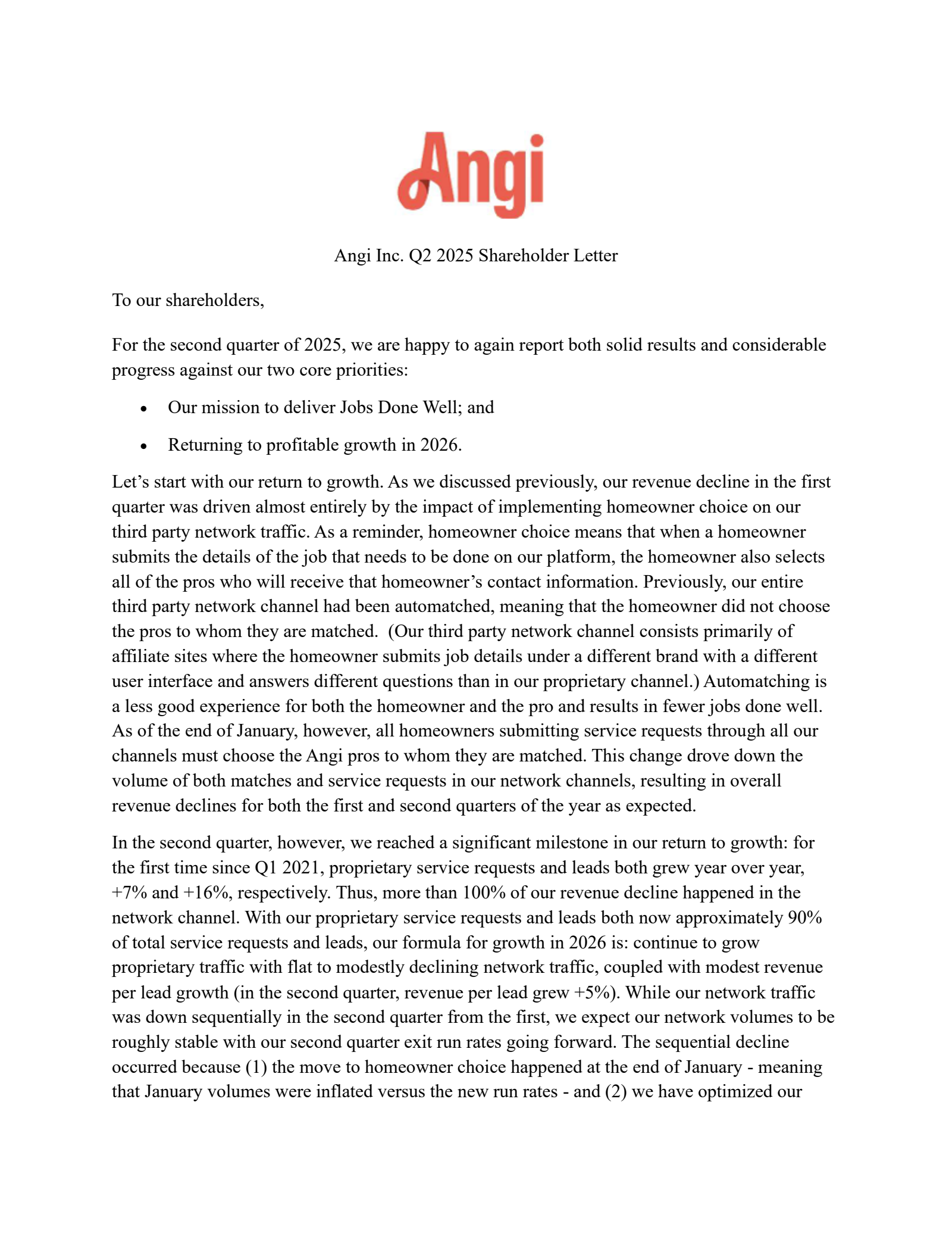 Angi's Q2 2025 Press Release