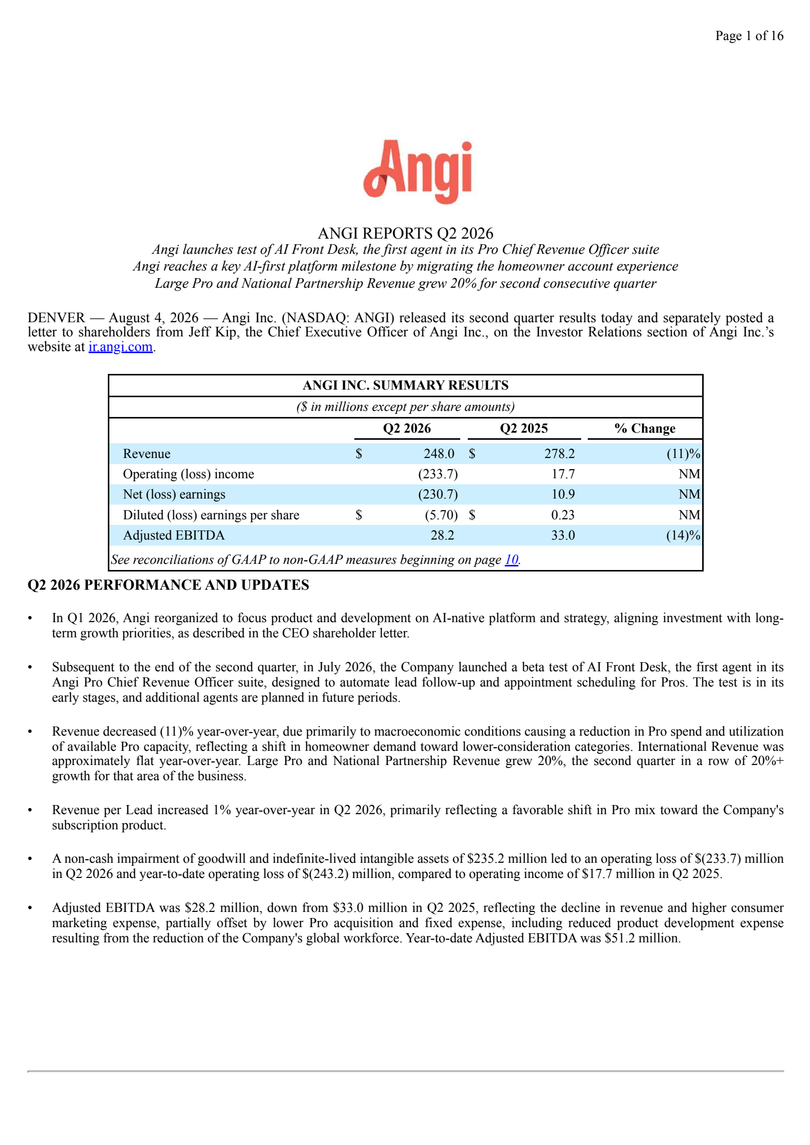 Angi's Q2 2026 Press Release