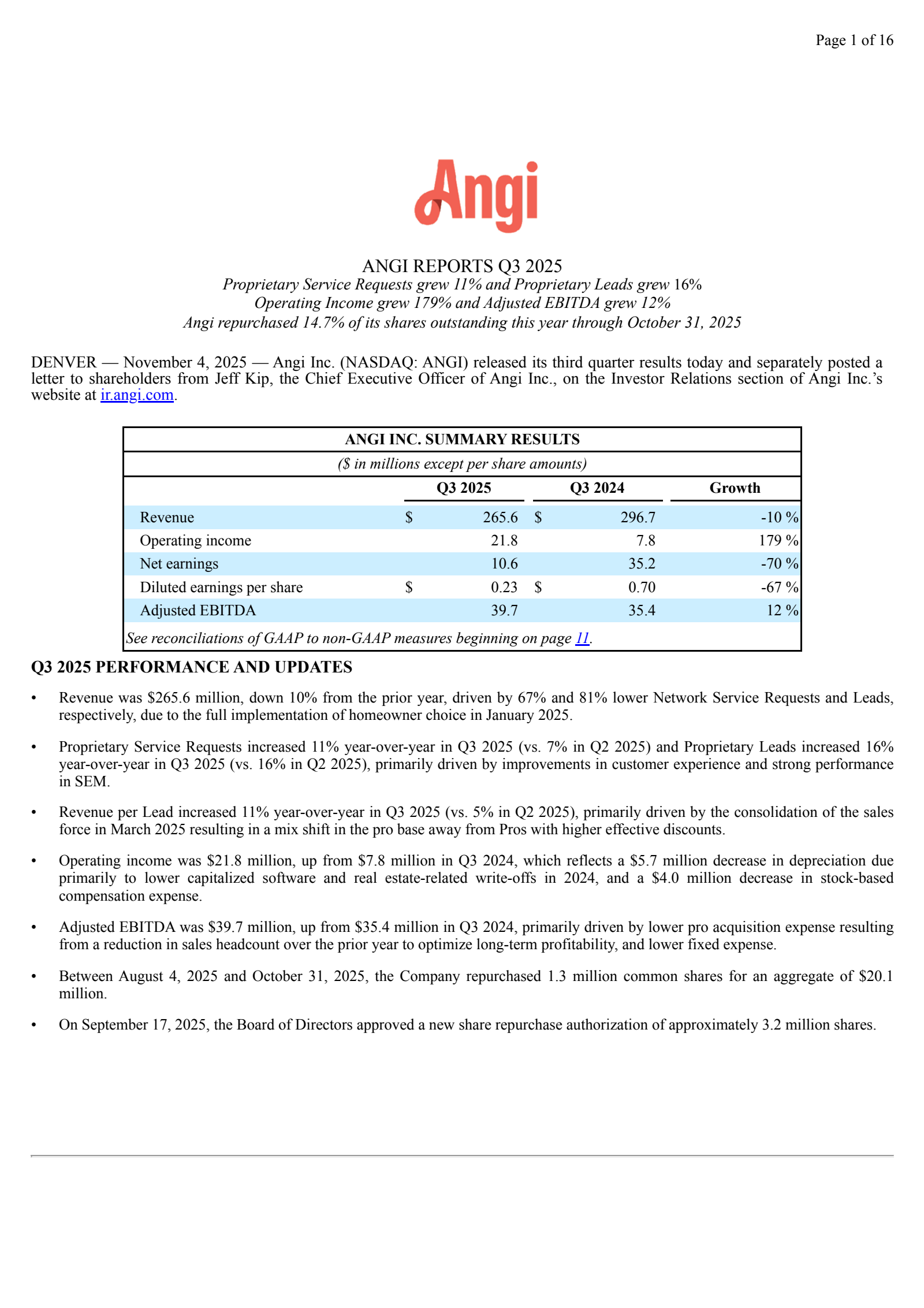 Angi's Q3 2025 Earnings Release
