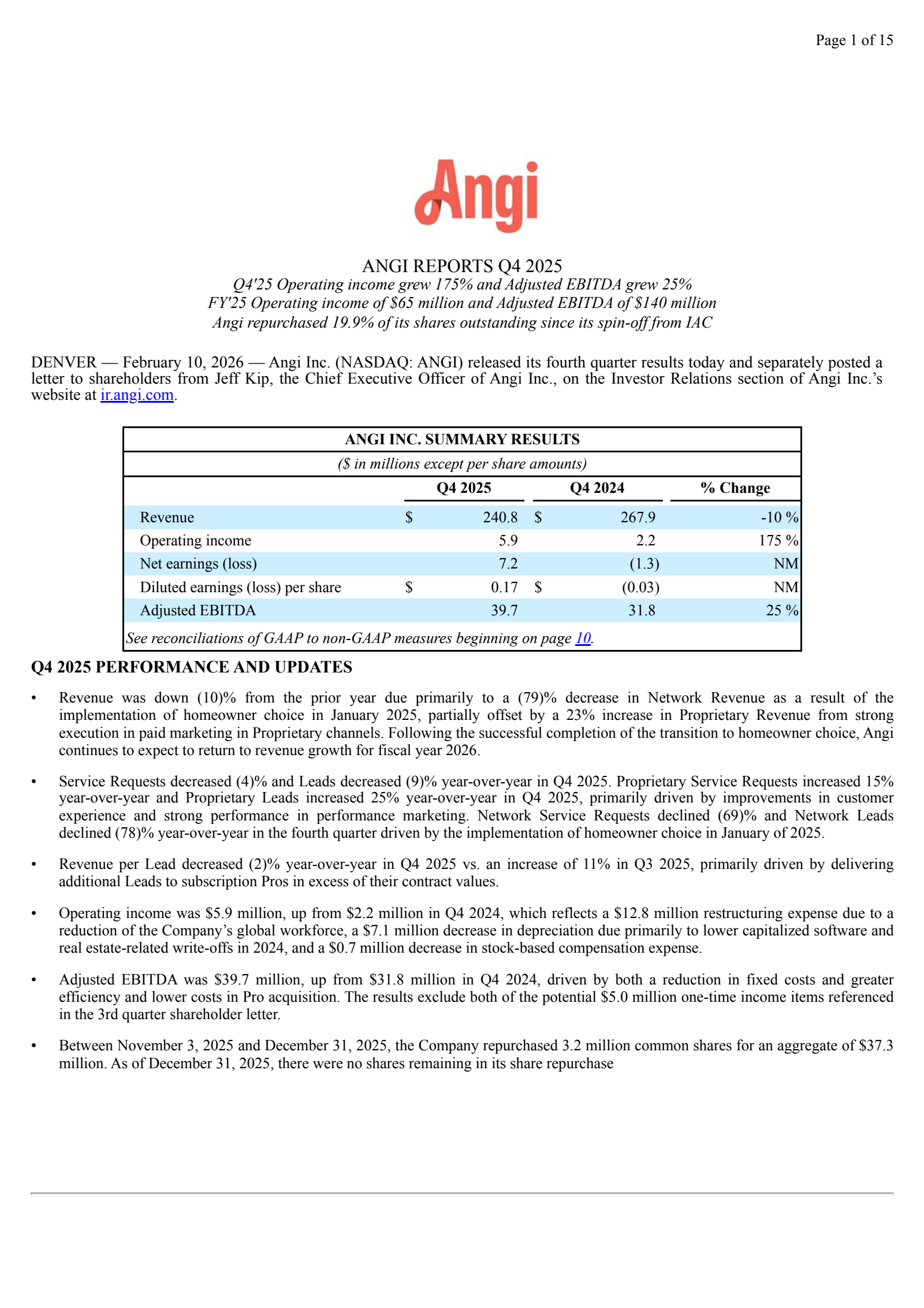 Angi's Q4 2025 Press Release