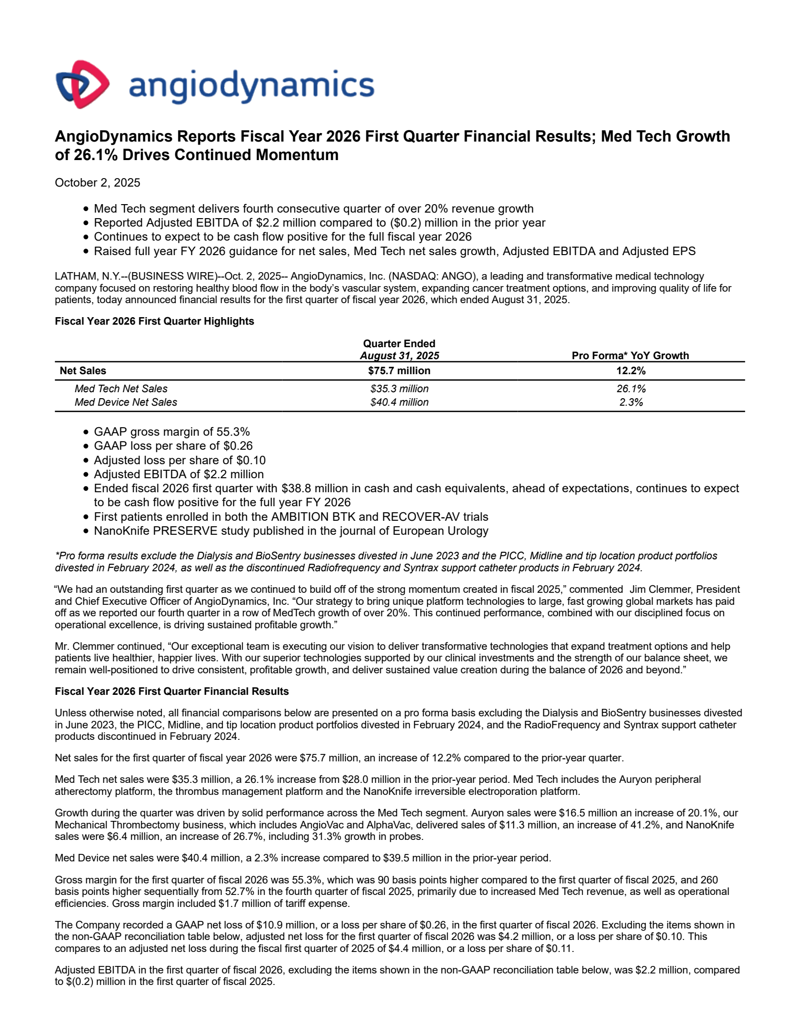 AngioDynamics' Q1 2026 Earnings Release