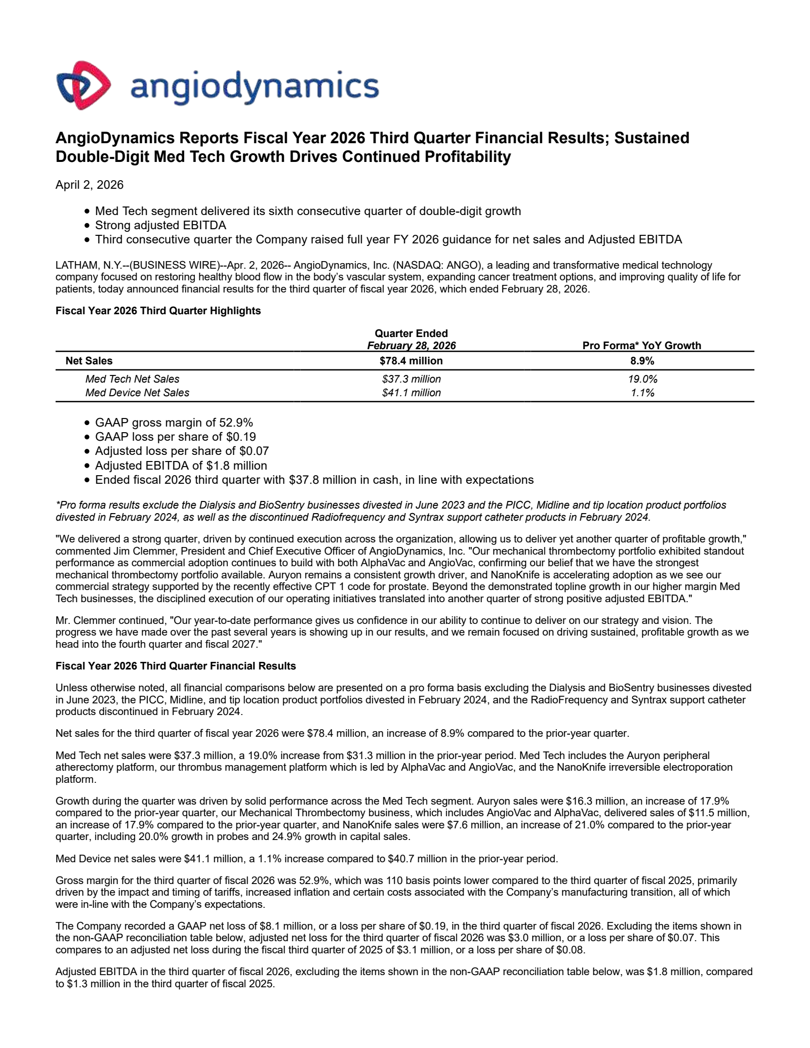 AngioDynamics' Q3 2026 Press Release