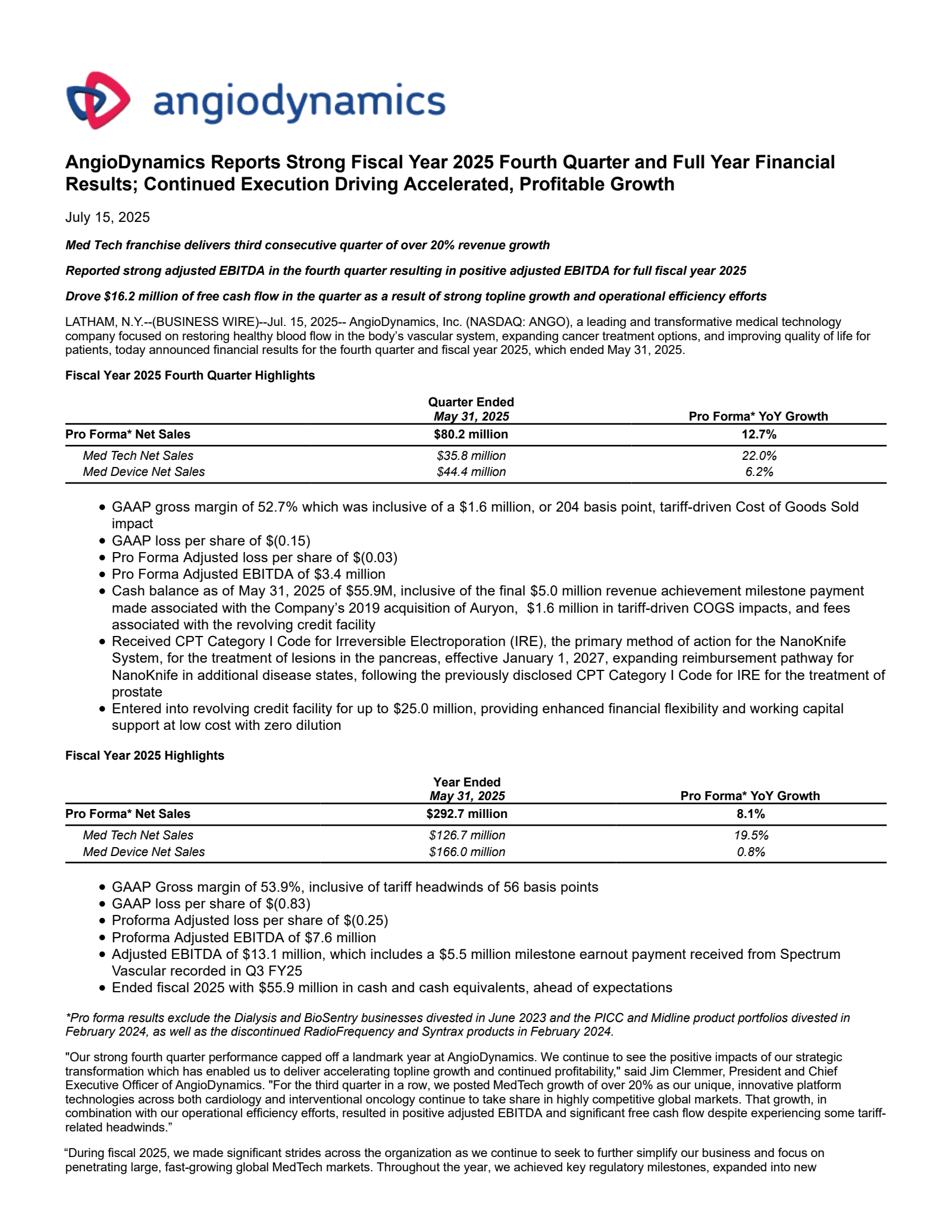 AngioDynamics' Q4 2025 Press Release