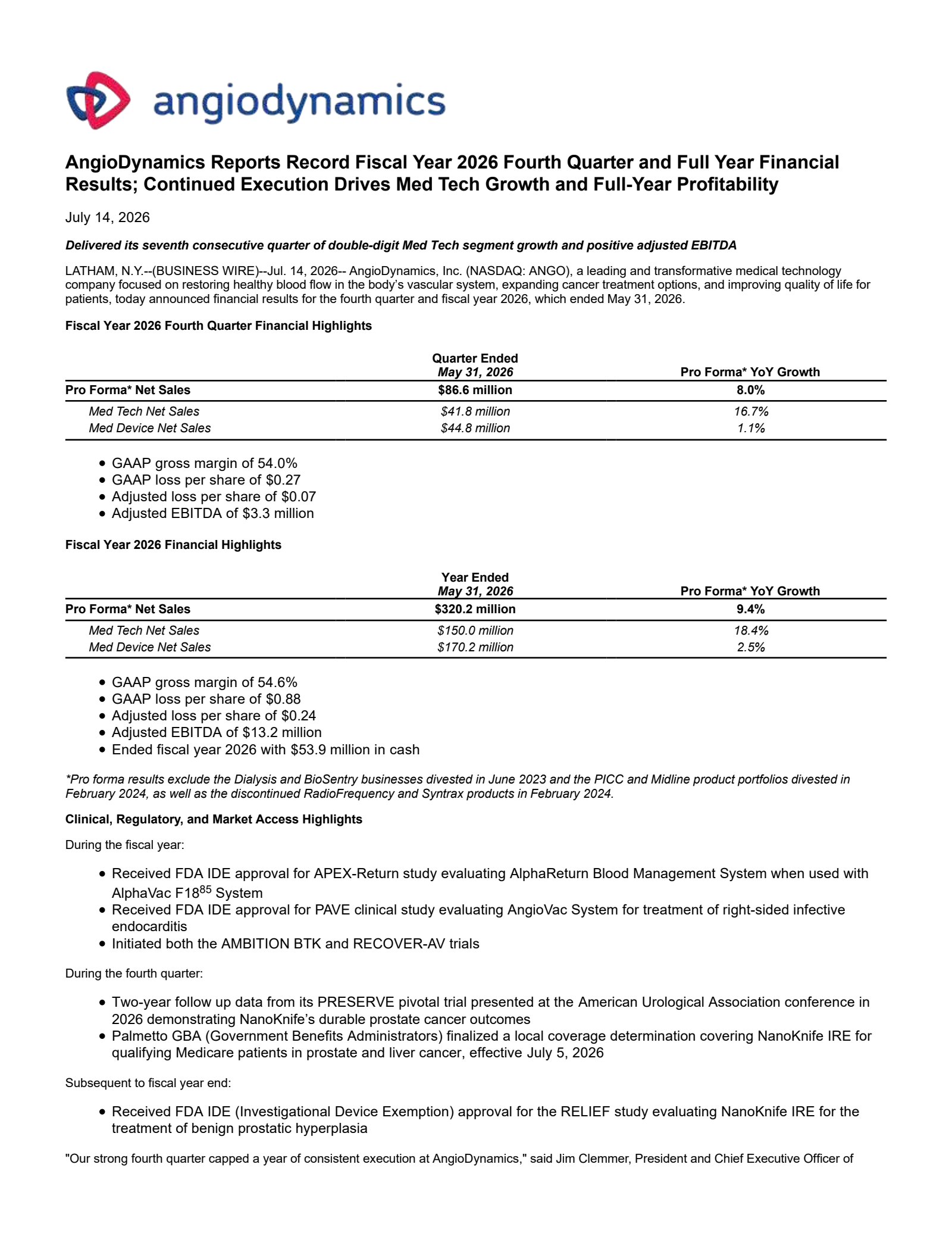 AngioDynamics' Q4 2026 Press Release