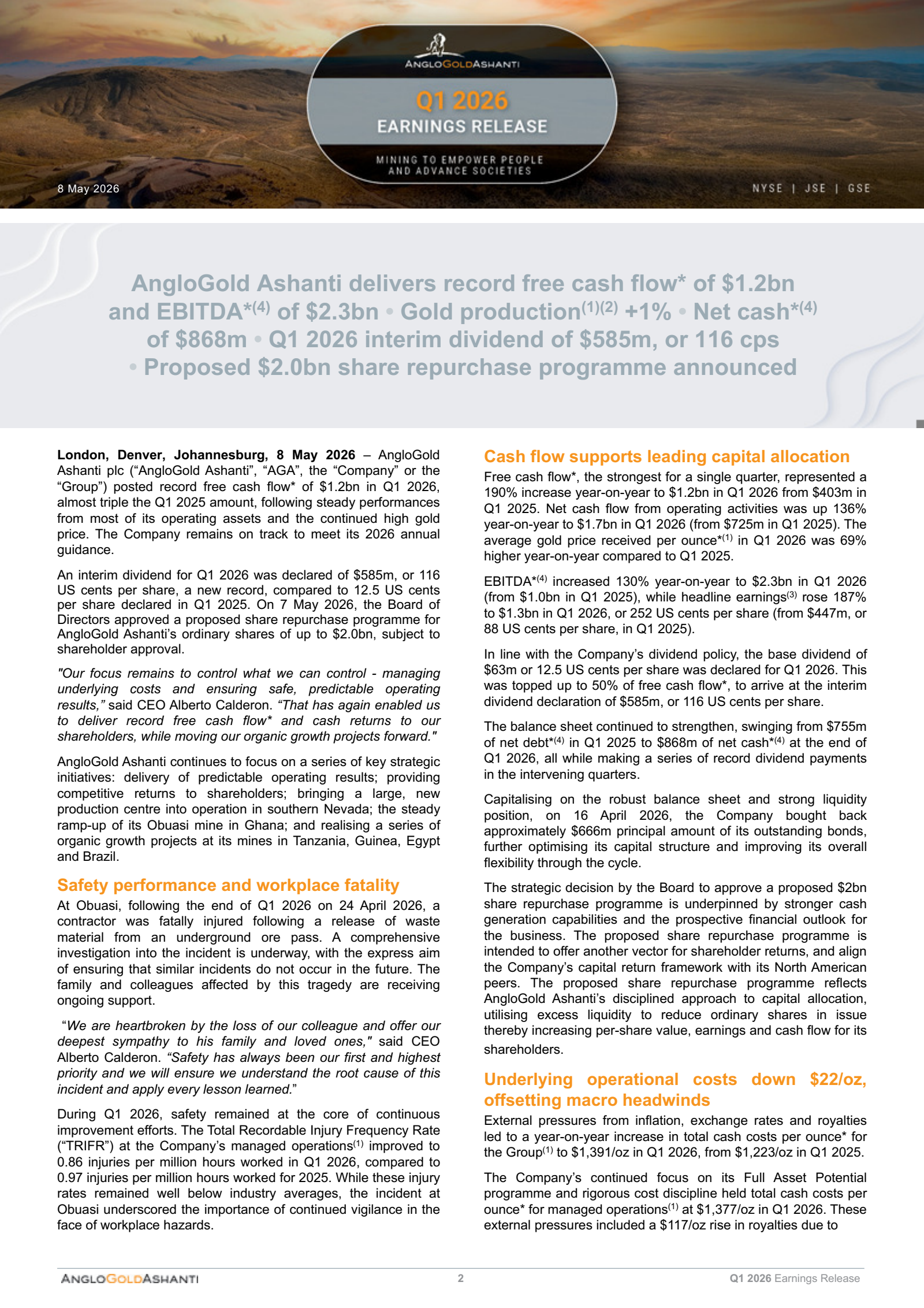 AngloGold Ashanti's Q1 2026 Press Release