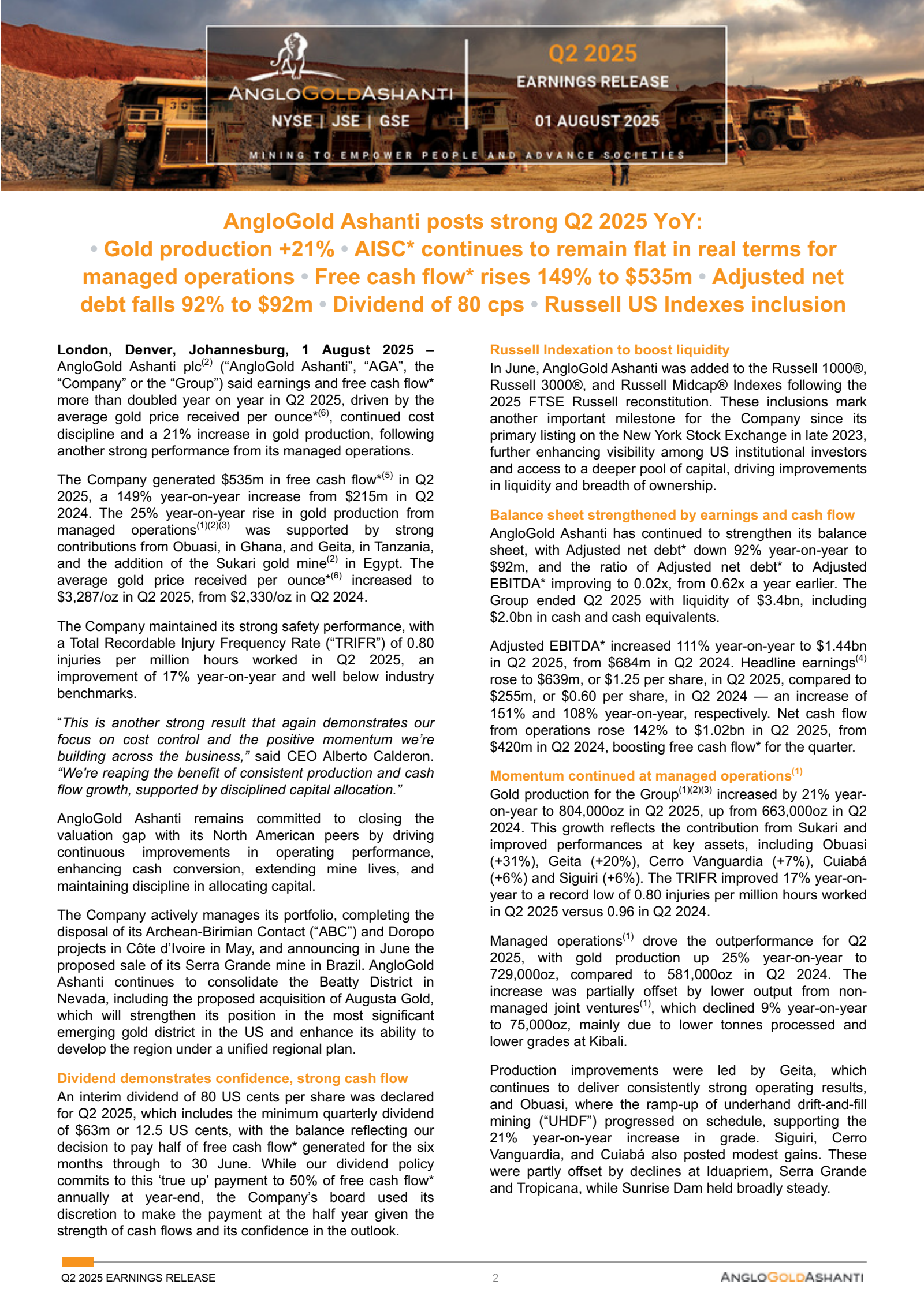 AngloGold Ashanti's Q2 2025 Press Release
