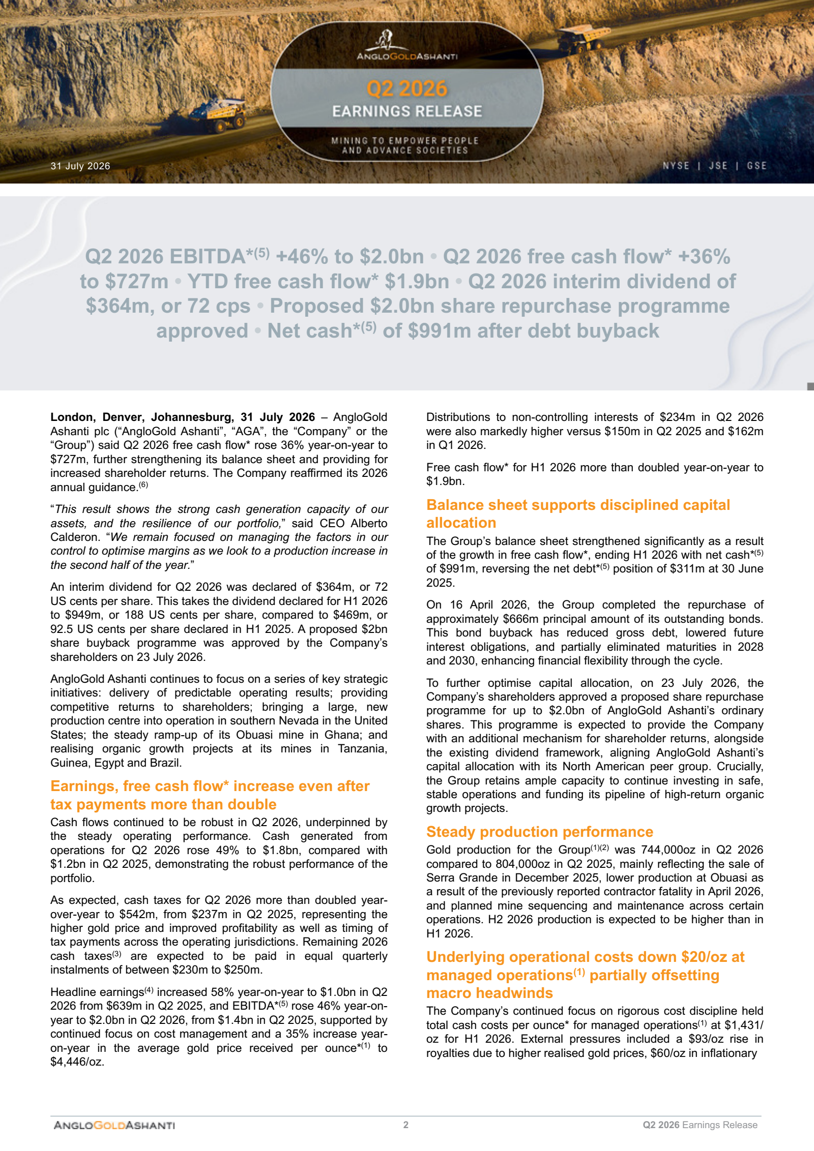 AngloGold Ashanti's Q2 2026 Press Release