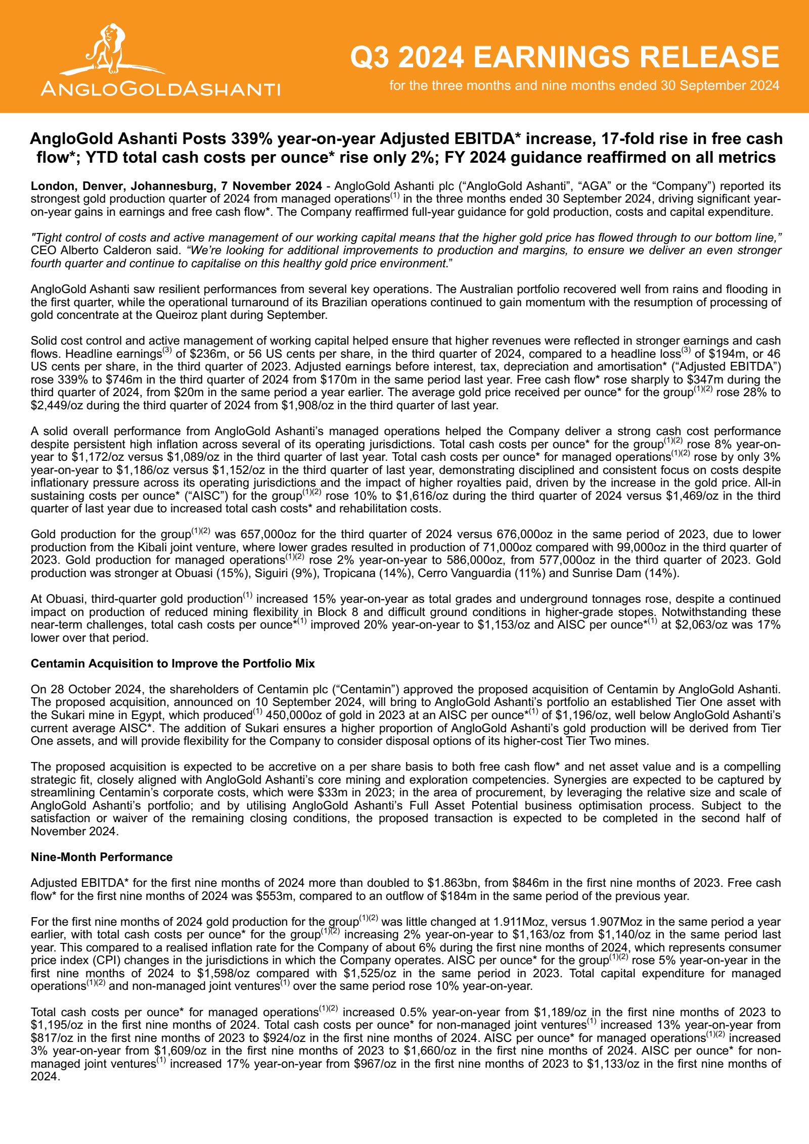 AngloGold Ashanti's Q3 2024 TU Press Release