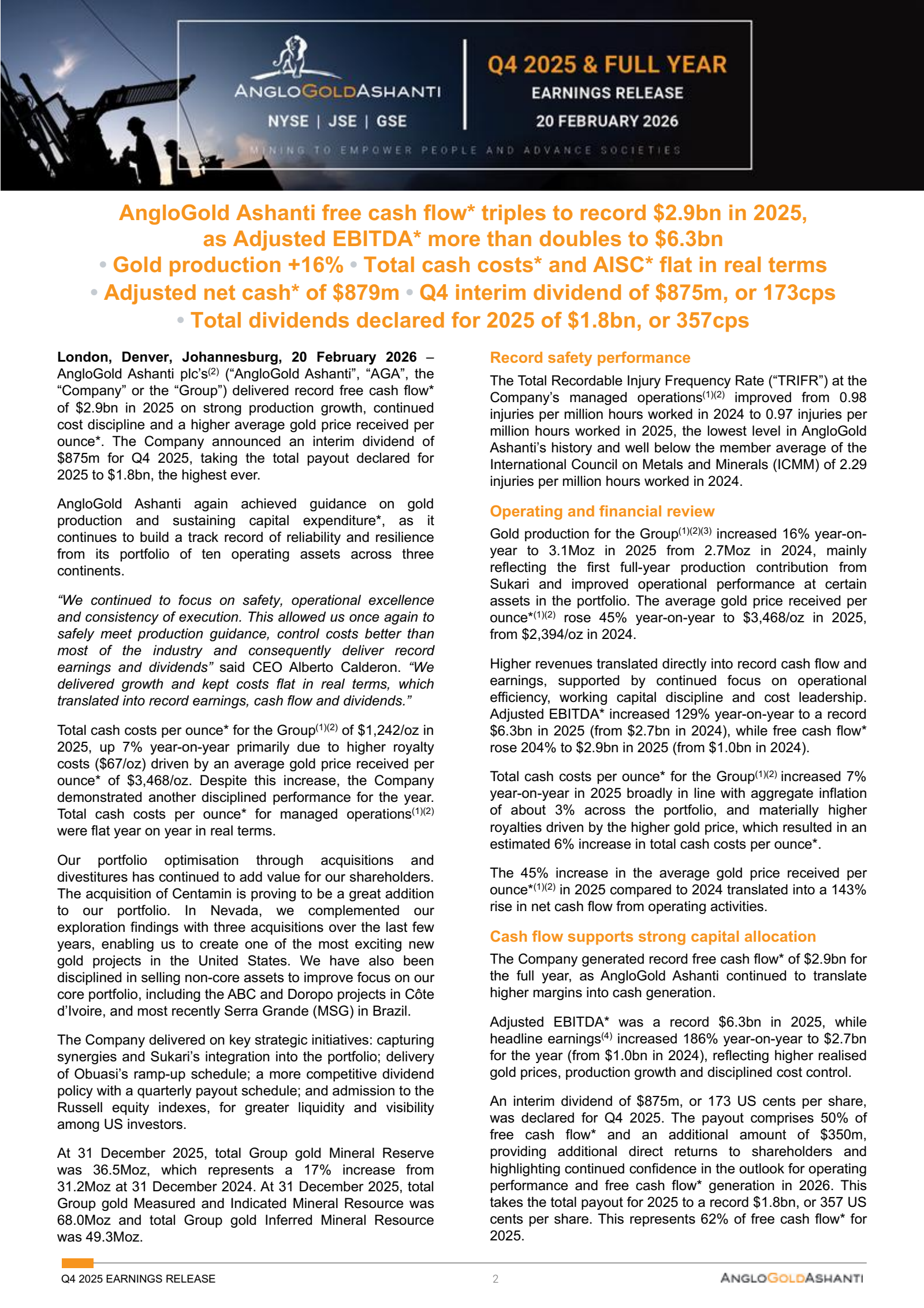 AngloGold Ashanti's Q4 2025 Press Release