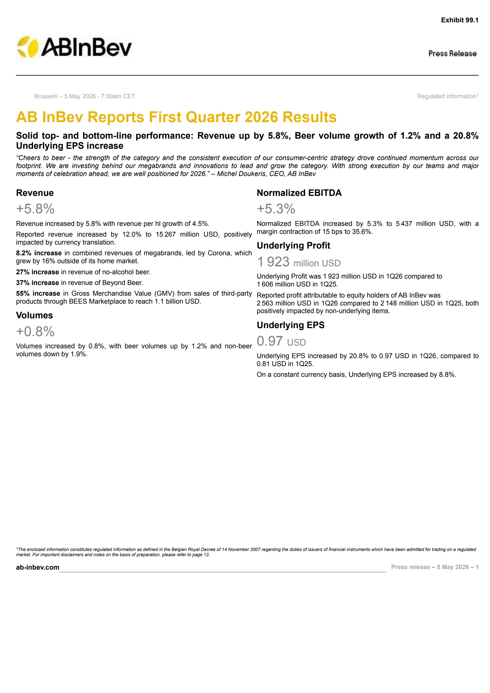 Anheuser-Busch InBev SA/NV's Q1 2026 Press Release