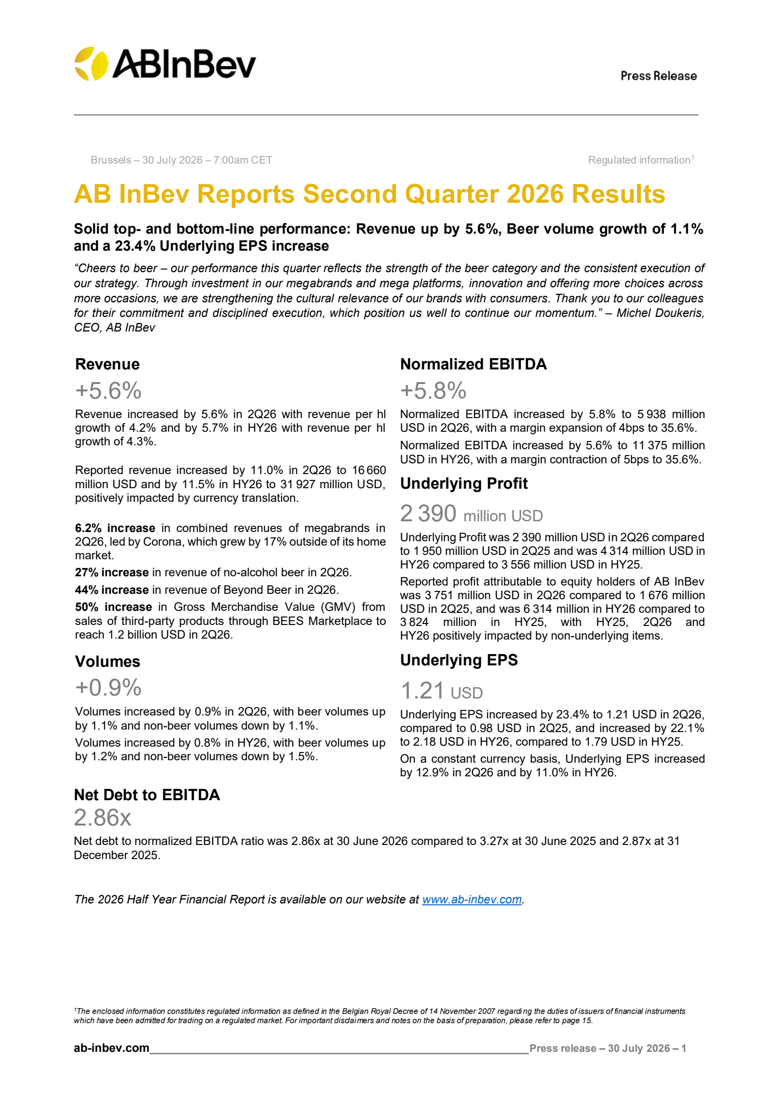Anheuser-Busch InBev SA/NV's Q2 2026 Press Release