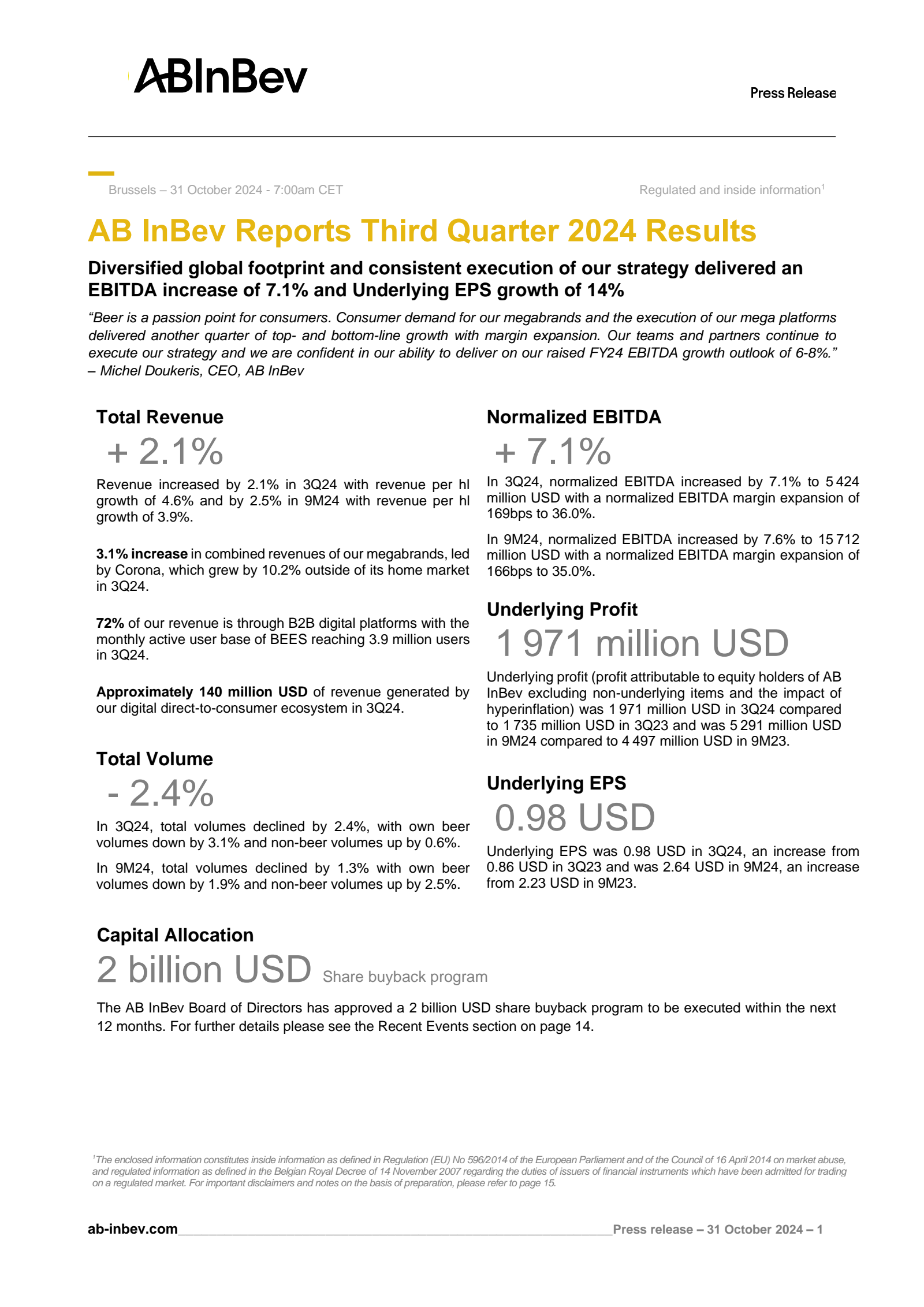 Anheuser-Busch InBev SA/NV (BUD) Q3 2024 Earnings Results & Call Transcript