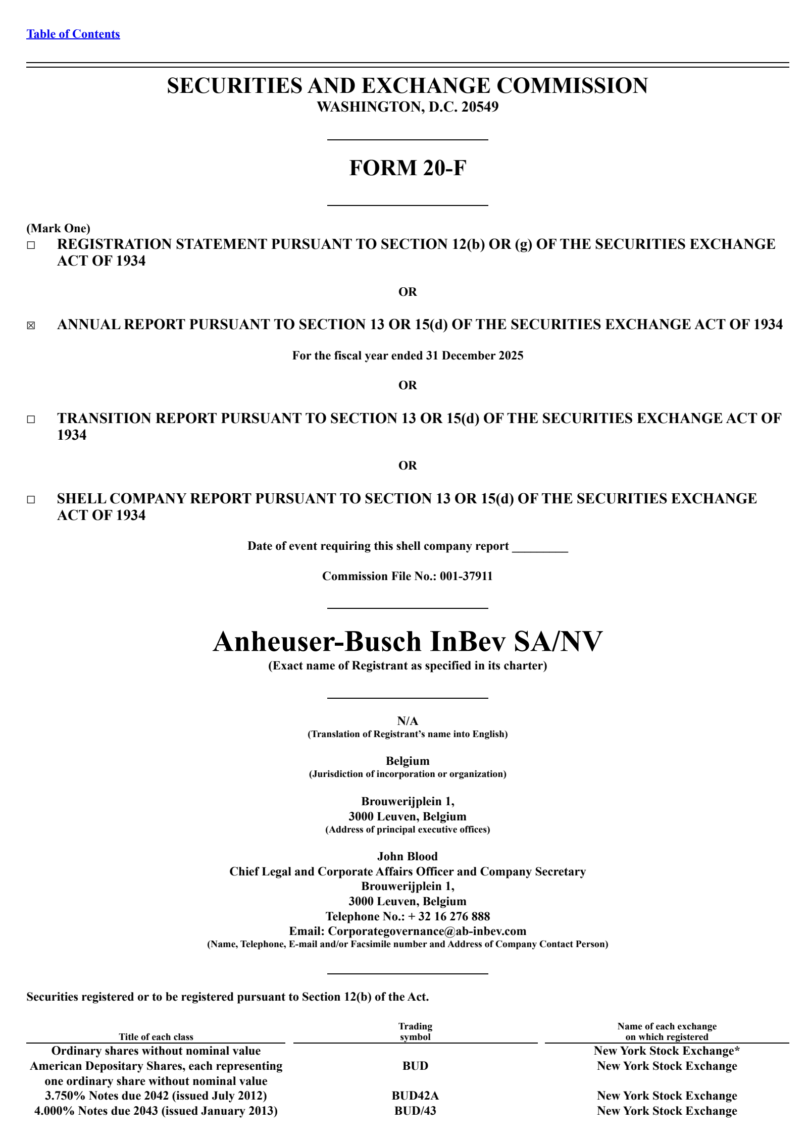 Anheuser-Busch InBev SA/NV's Q4 2025 Annual report