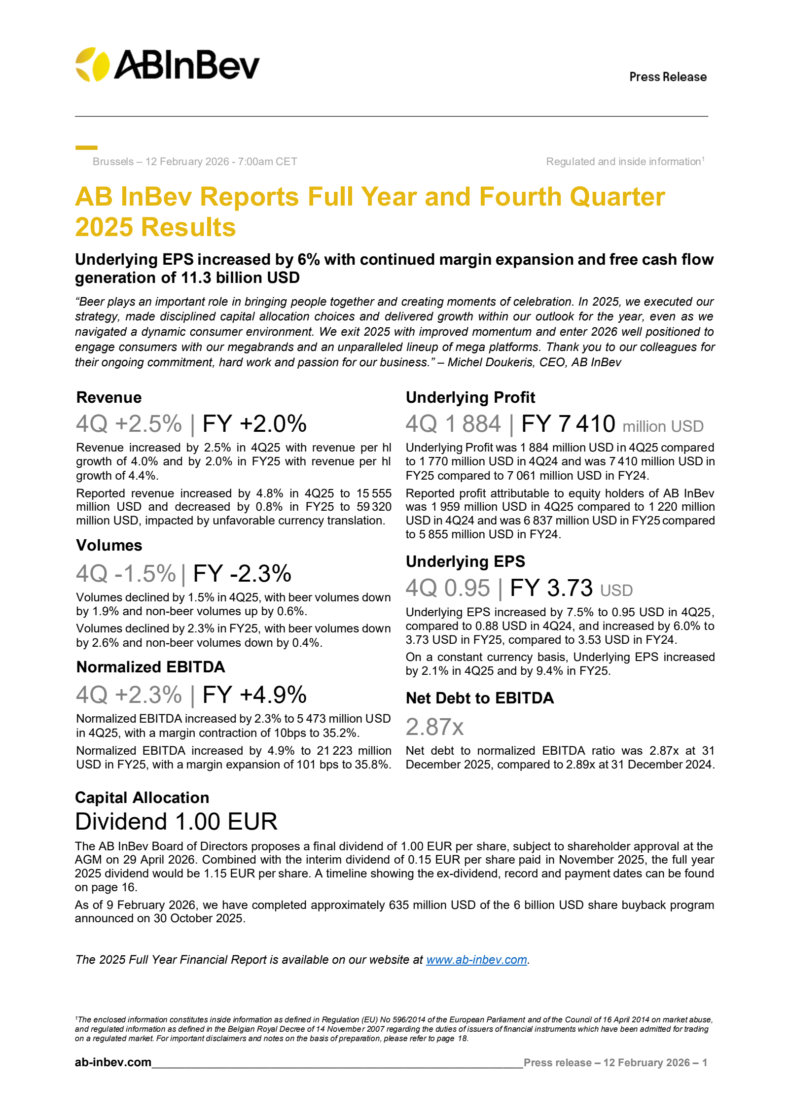 Anheuser-Busch InBev SA/NV's Q4 2025 Press Release
