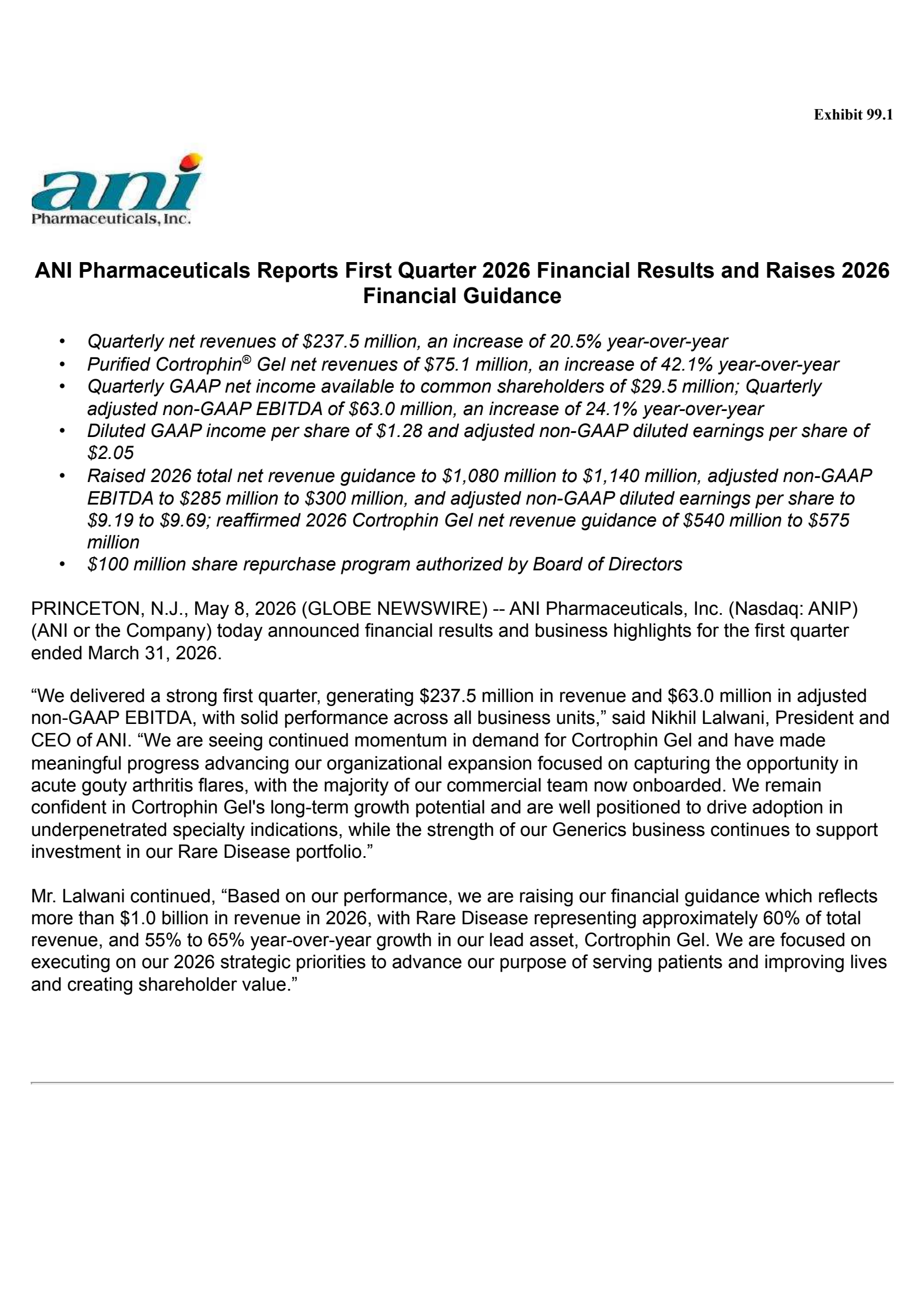 ANI Pharmaceuticals' Q1 2026 Press Release