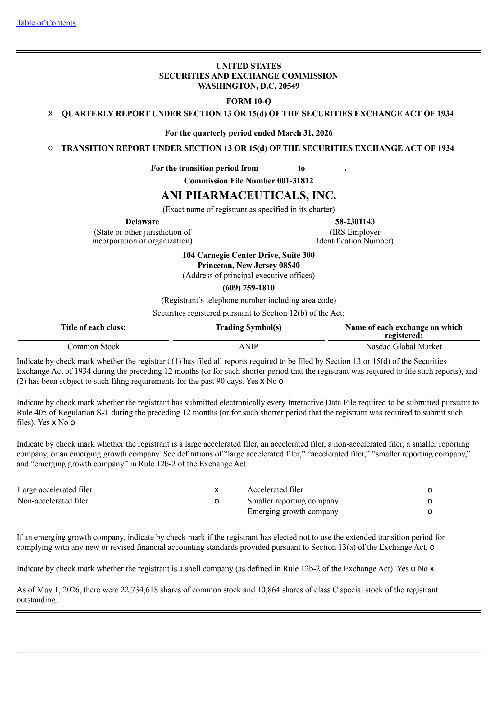 ANI Pharmaceuticals' Q1 2026 Quarterly report