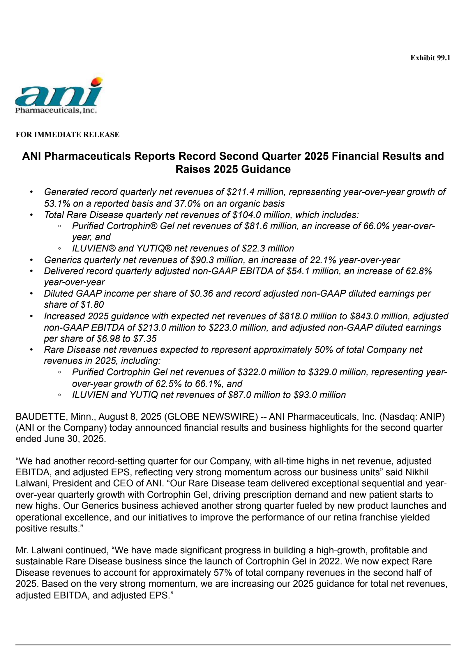 ANI Pharmaceuticals' Q2 2025 Press Release