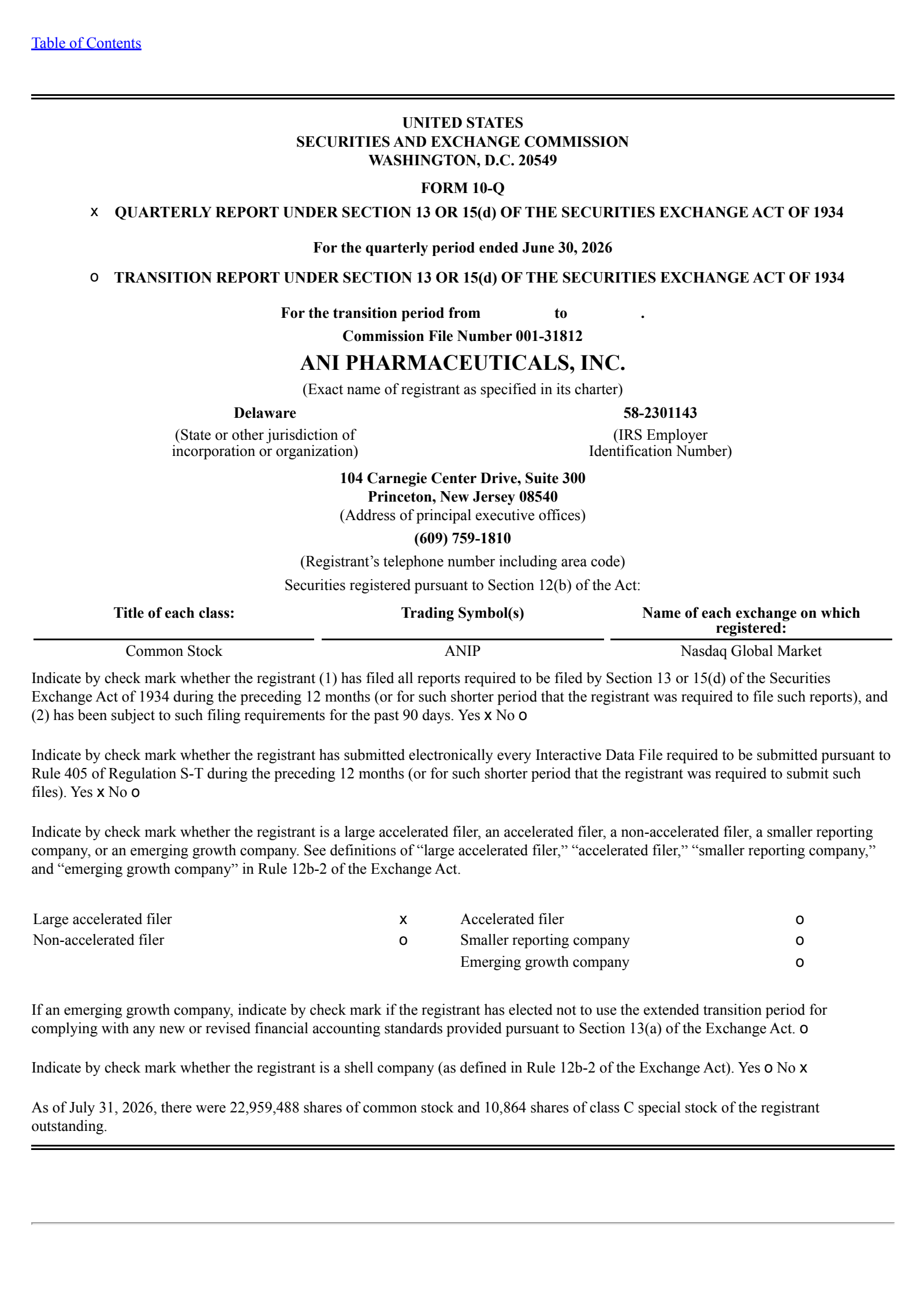 ANI Pharmaceuticals' Q2 2026 Quarterly report