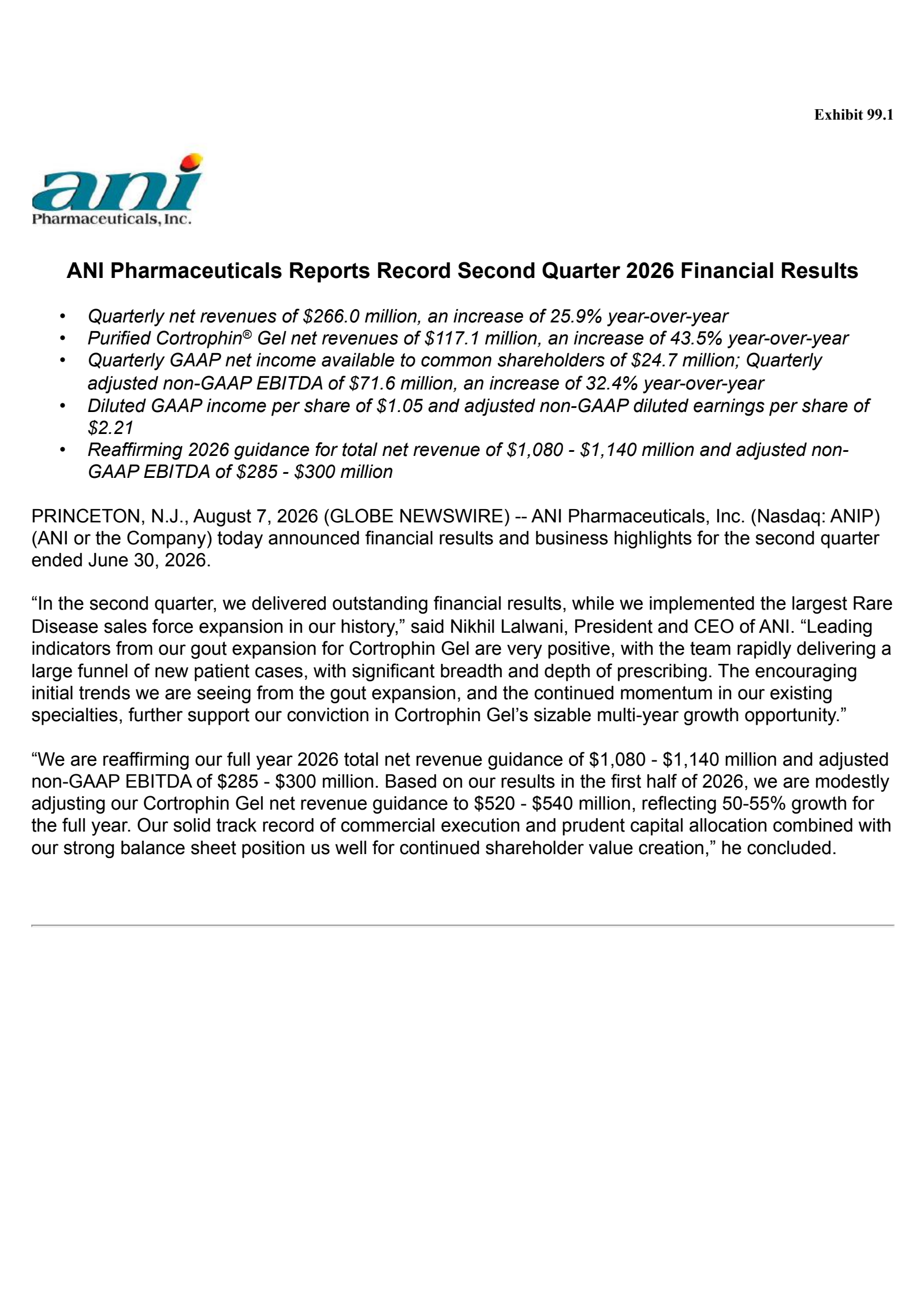 ANI Pharmaceuticals' Q2 2026 Press Release
