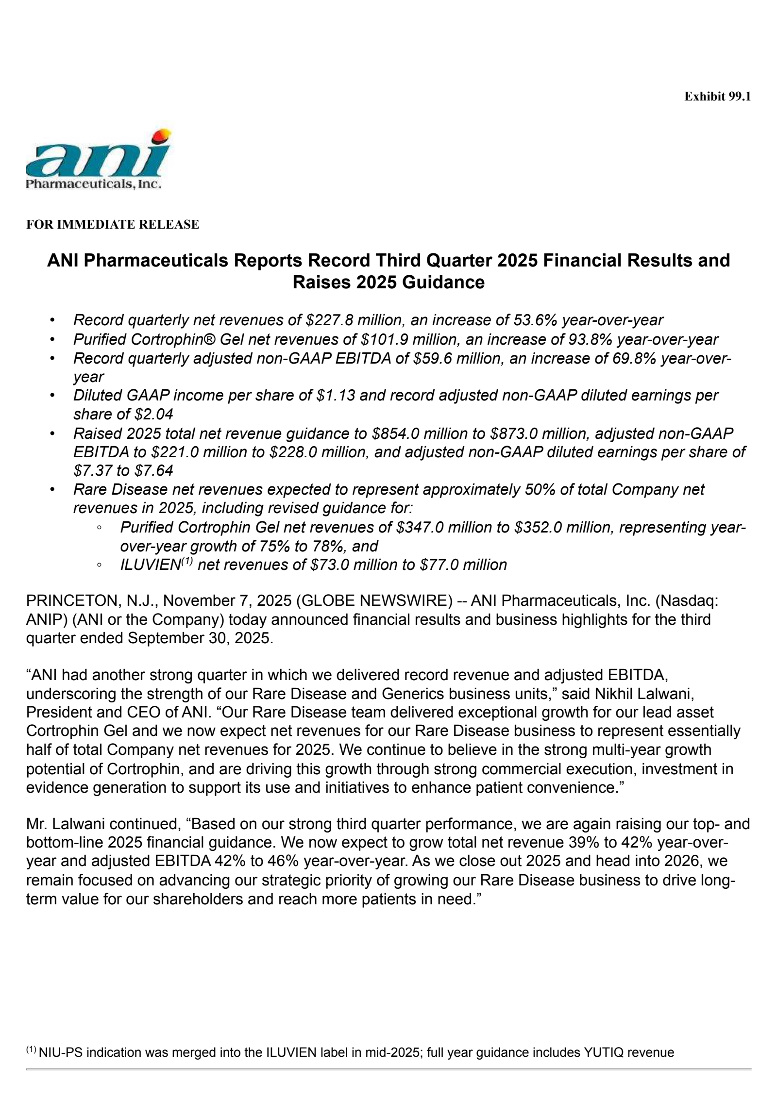 ANI Pharmaceuticals' Q3 2025 Earnings Release