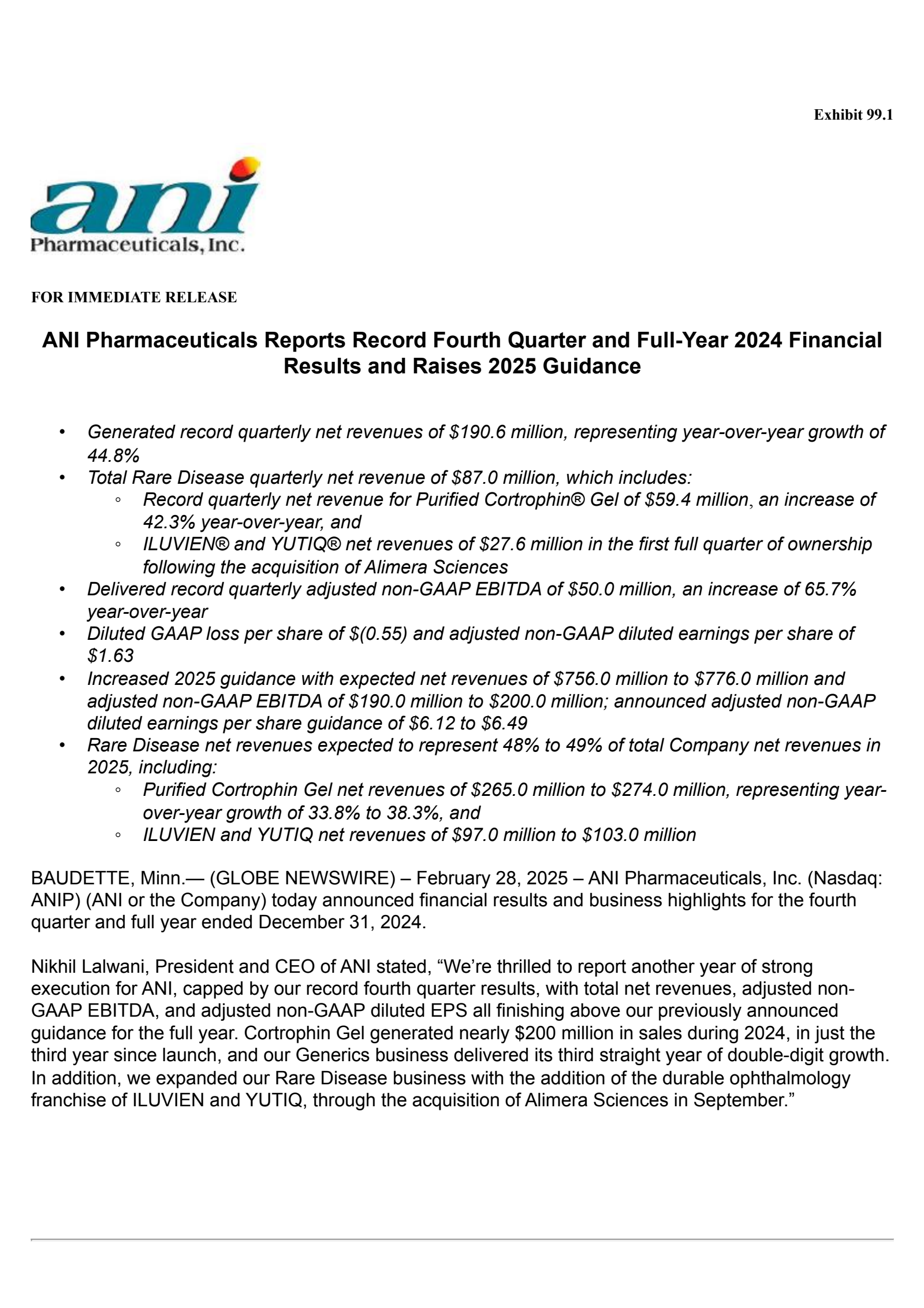 ANI Pharmaceuticals' Q4 2024 Press Release