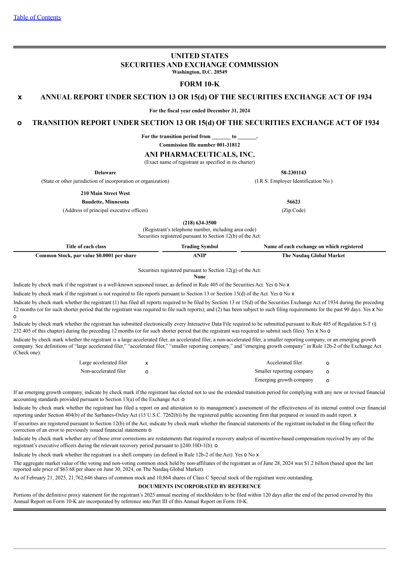 ANI Pharmaceuticals' Q4 2024 Annual report