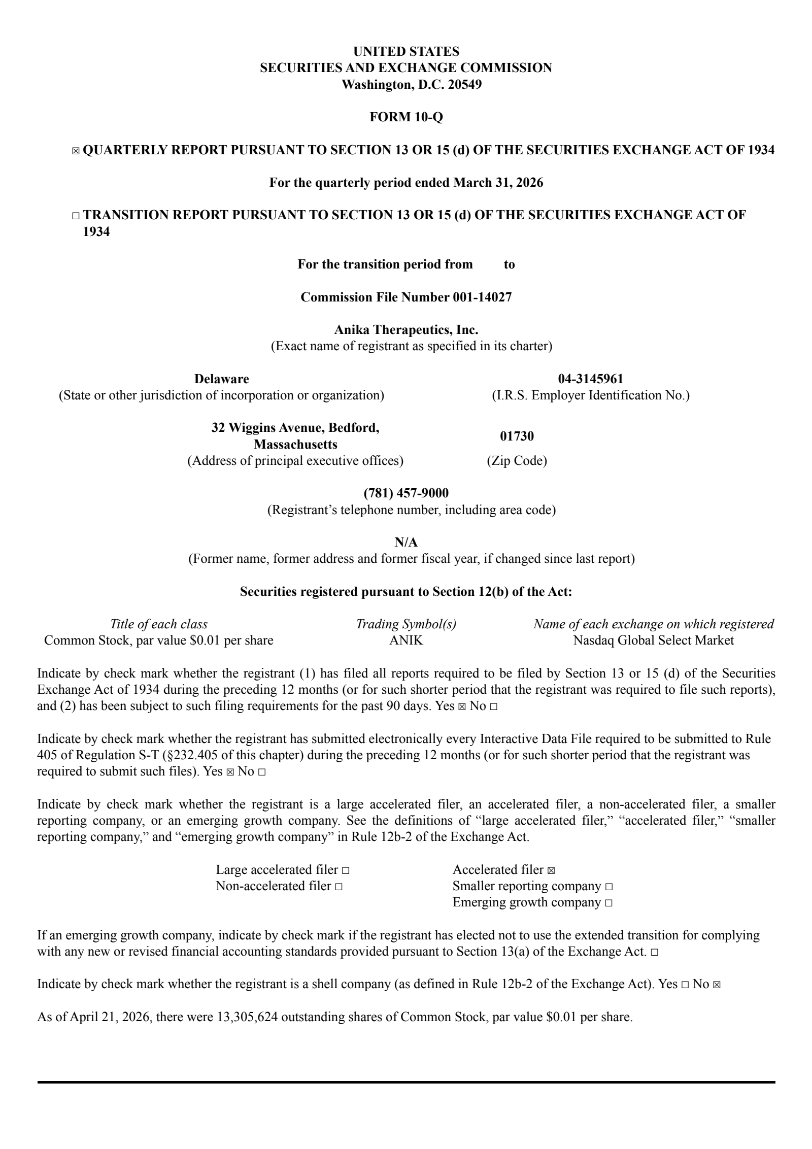 Anika Therapeutics' Q1 2026 Quarterly report