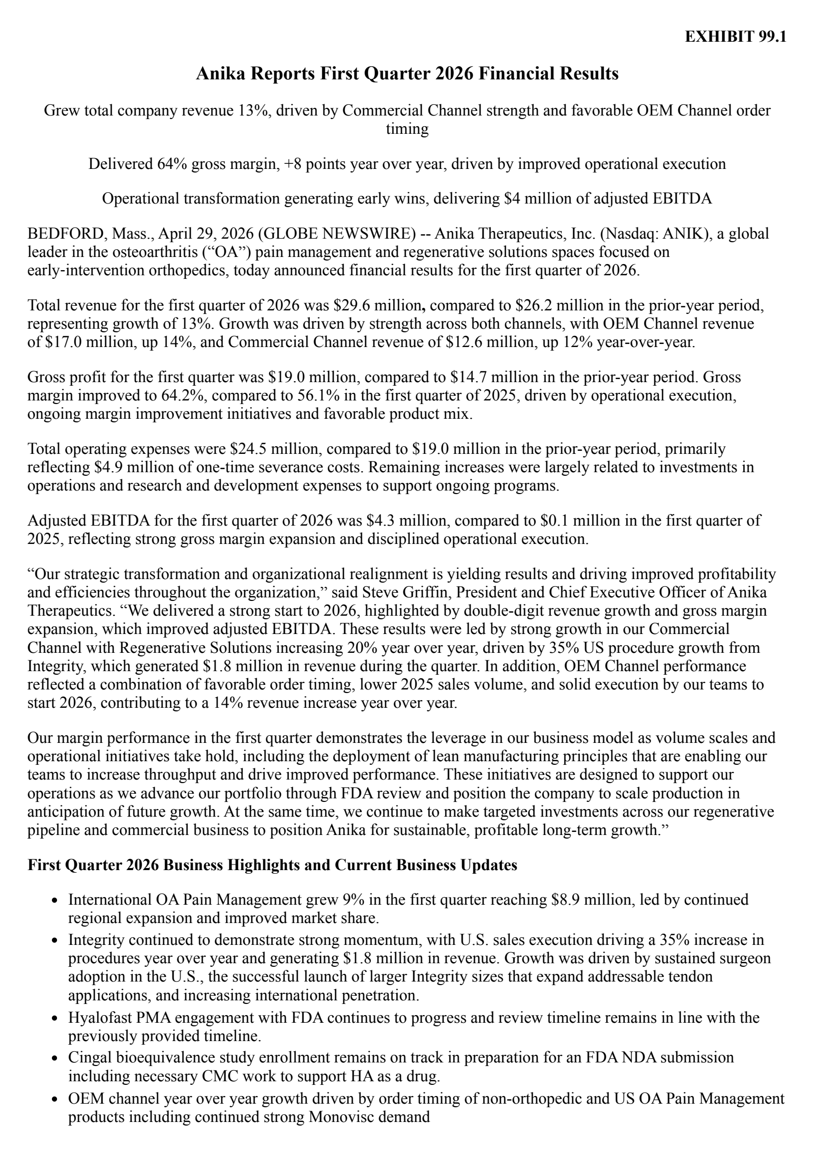 Anika Therapeutics' Q1 2026 Press Release