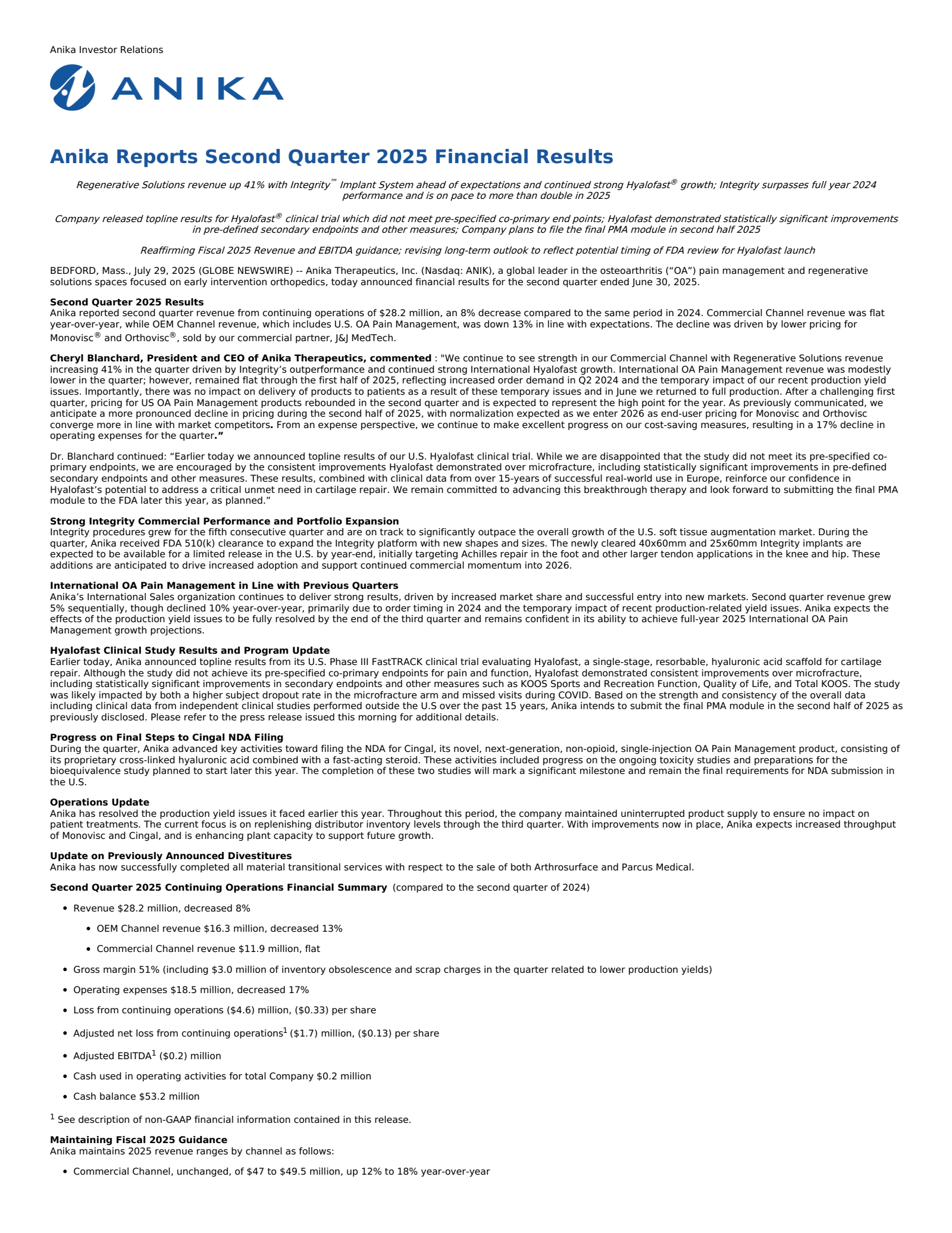 Anika Therapeutics' Q2 2025 Press Release