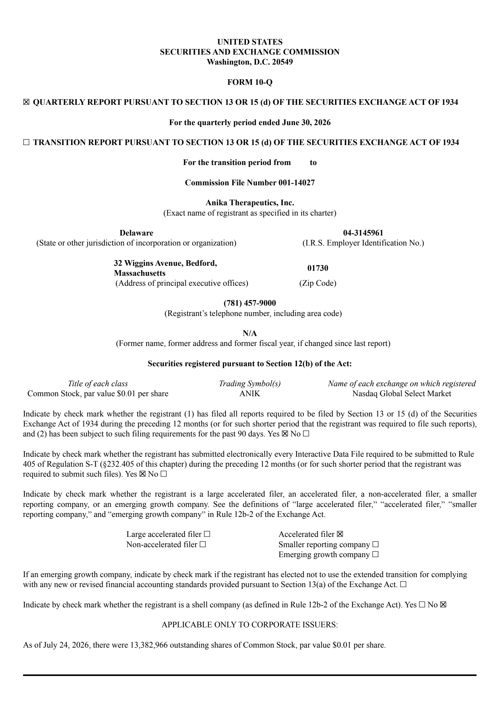 Anika Therapeutics' Q2 2026 Quarterly report