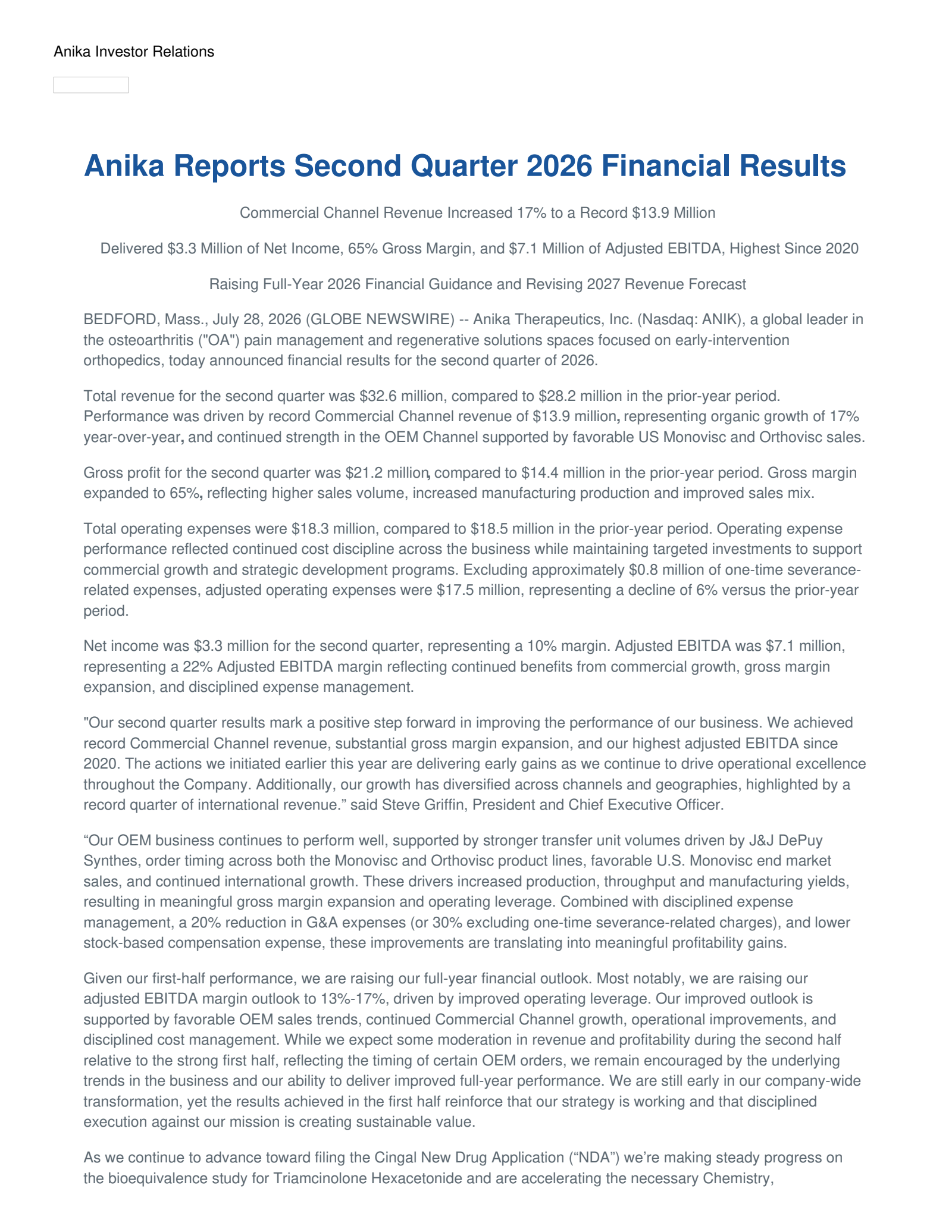 Anika Therapeutics' Q2 2026 Press Release