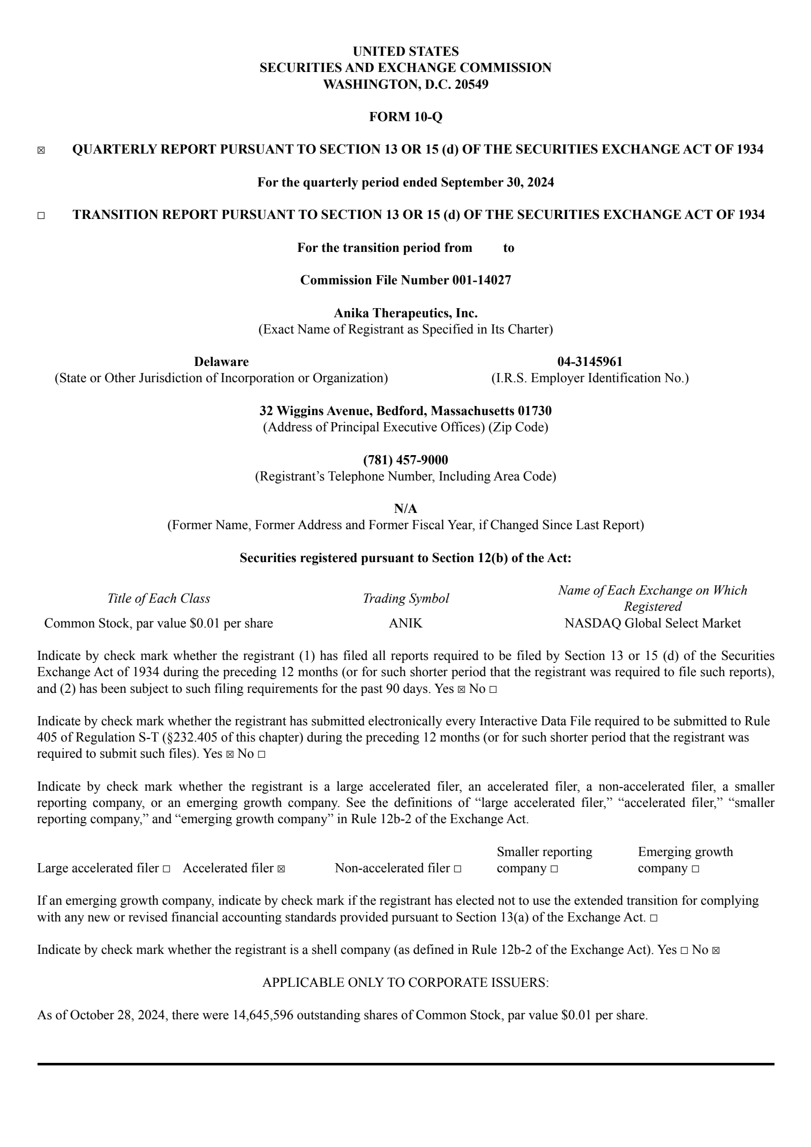 Anika Therapeutics' Q3 2024 Quarterly report