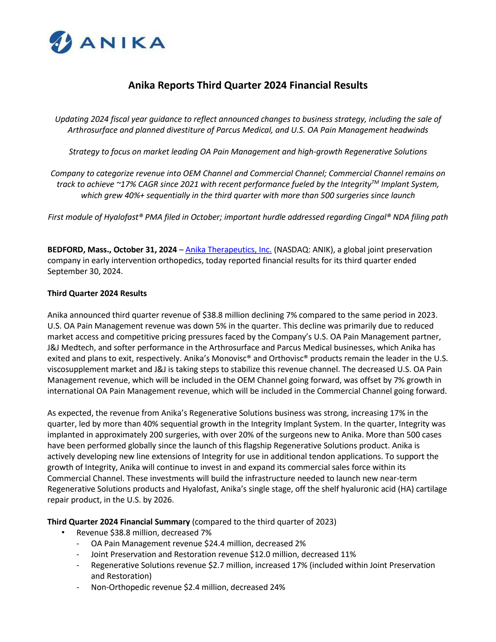Anika Therapeutics' Q3 2024 Press Release