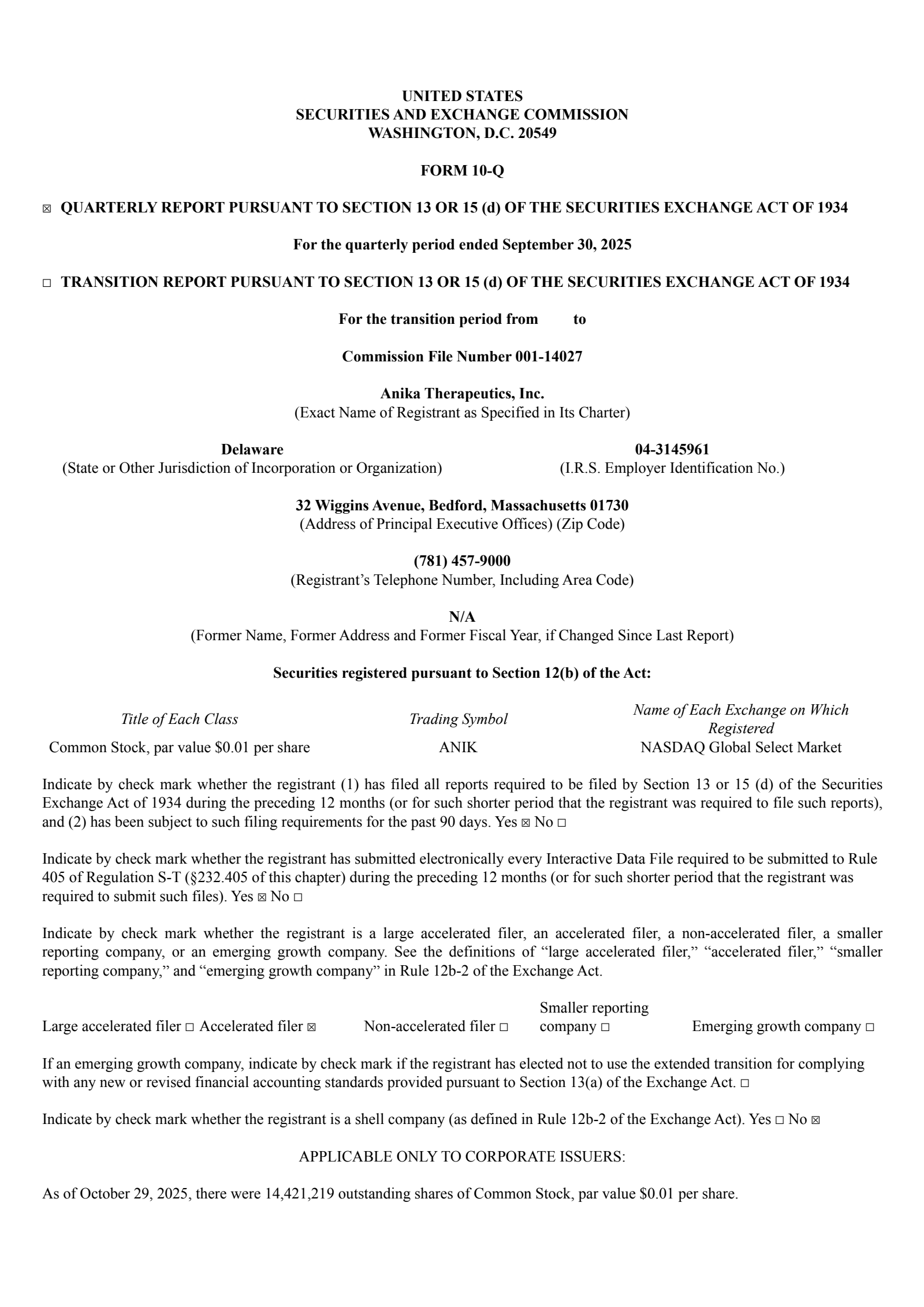 Anika Therapeutics' Q3 2025 Quarterly Report