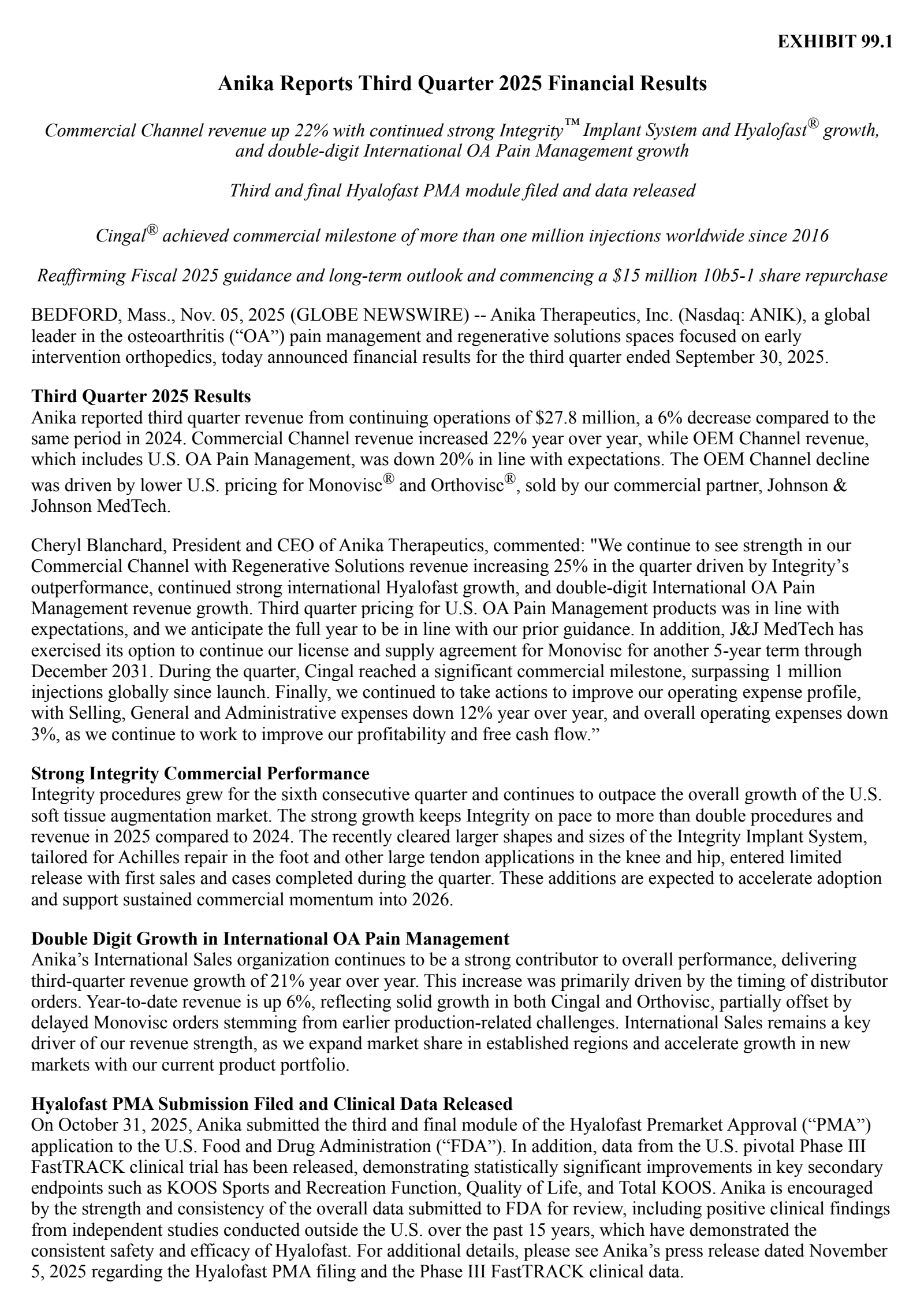 Anika Therapeutics' Q3 2025 Earnings Release