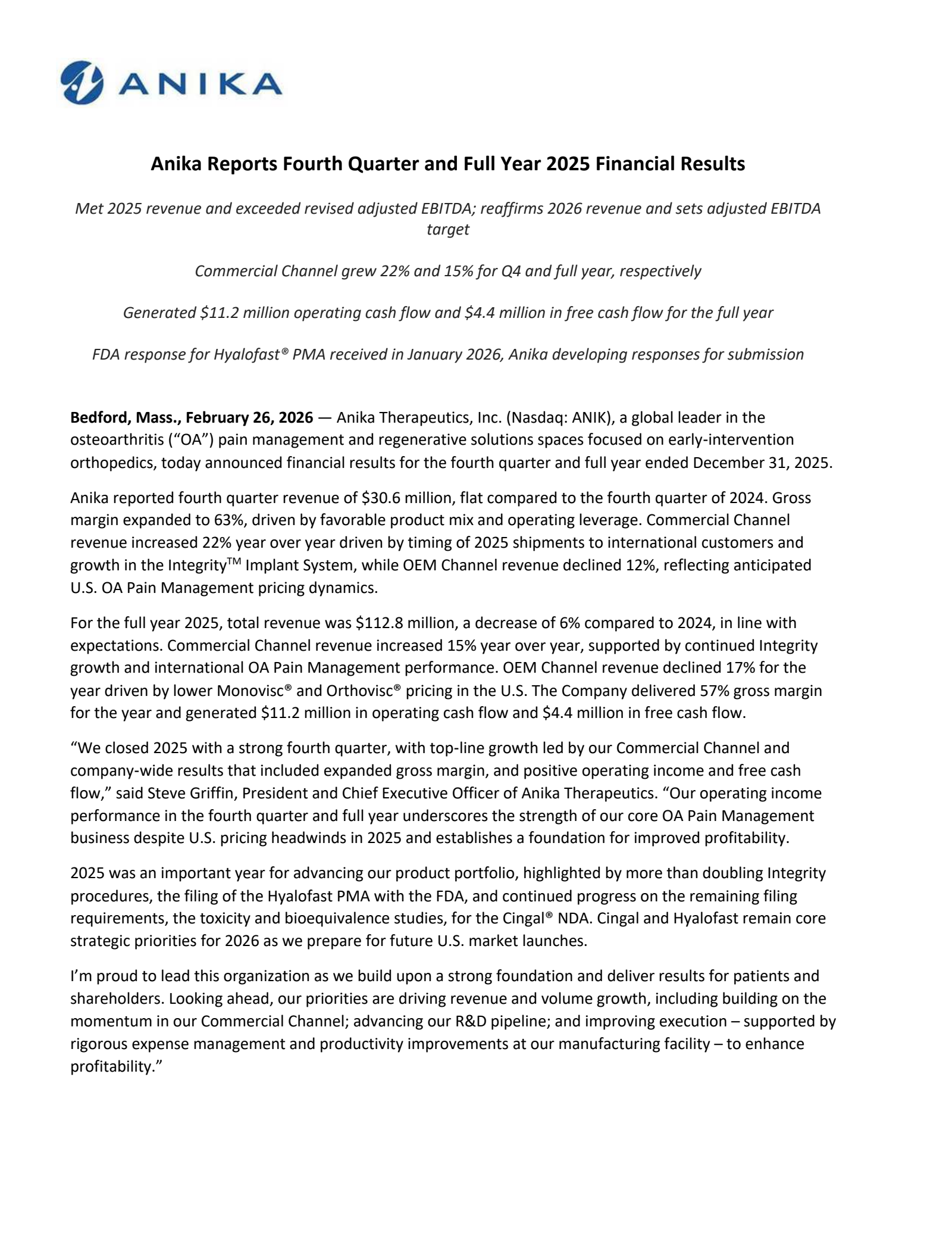 Anika Therapeutics' Q4 2025 Press Release