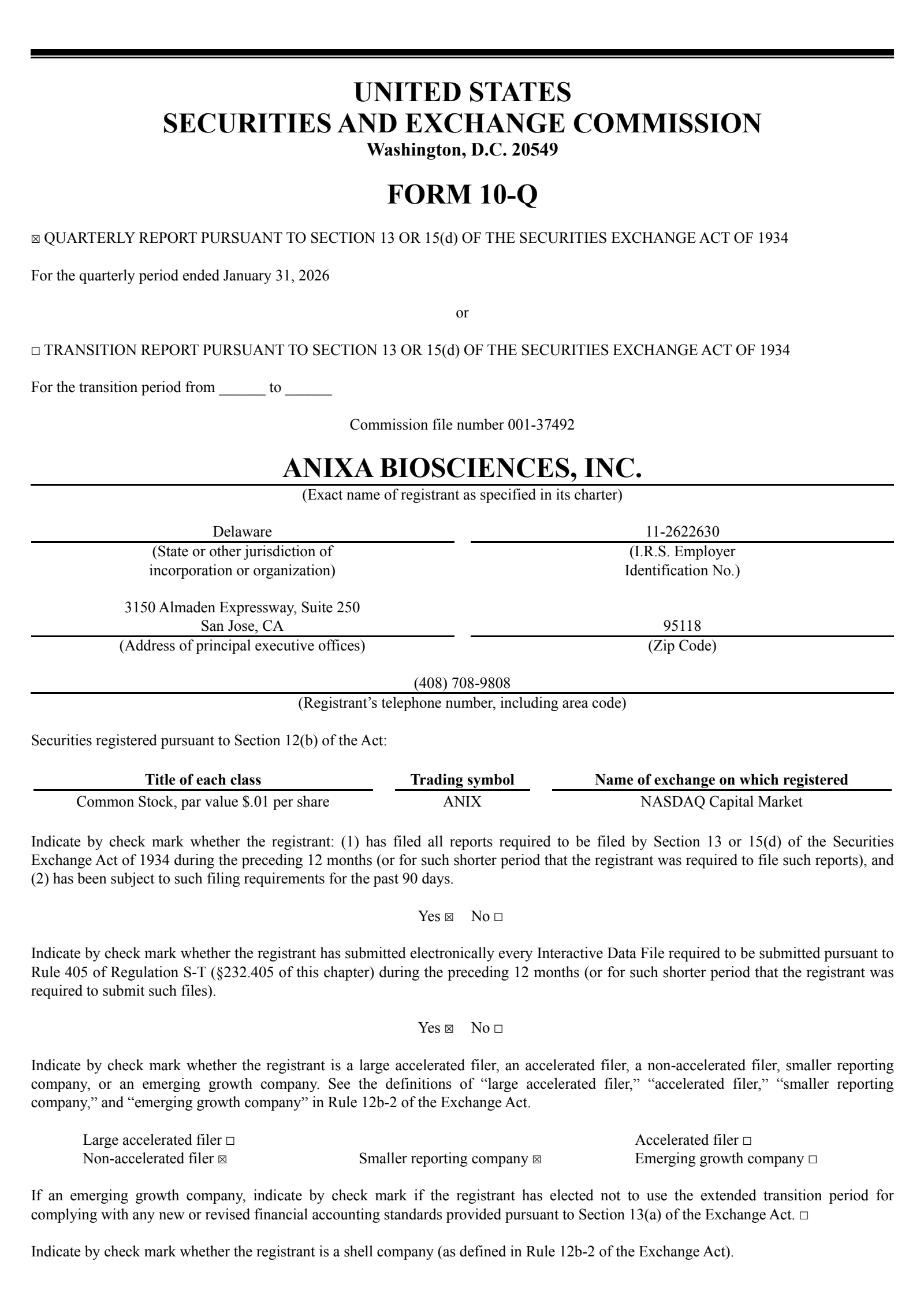 Anixa Biosciences' Q1 2026 Quarterly report