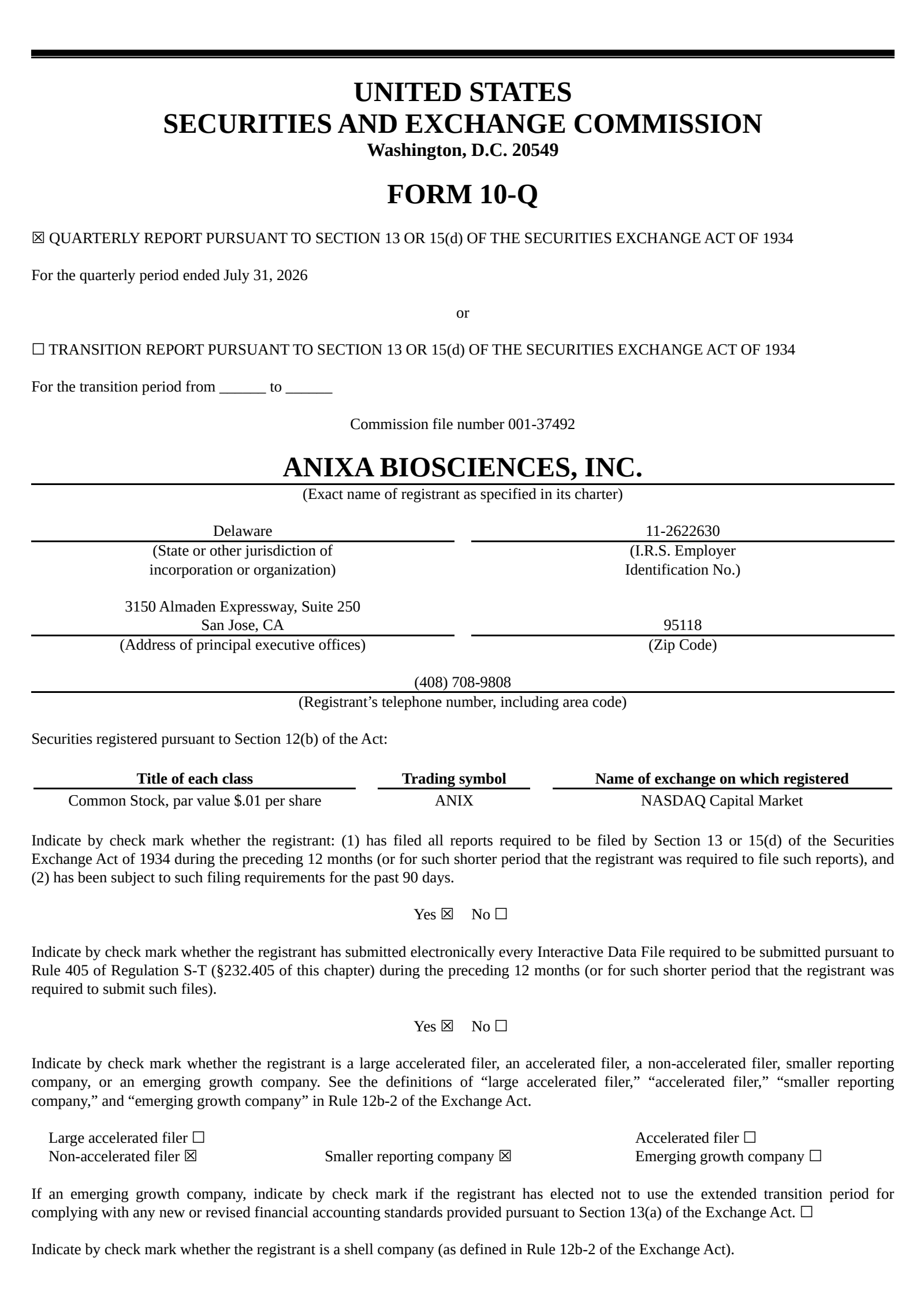 Anixa Biosciences' Q3 2026 Quarterly report