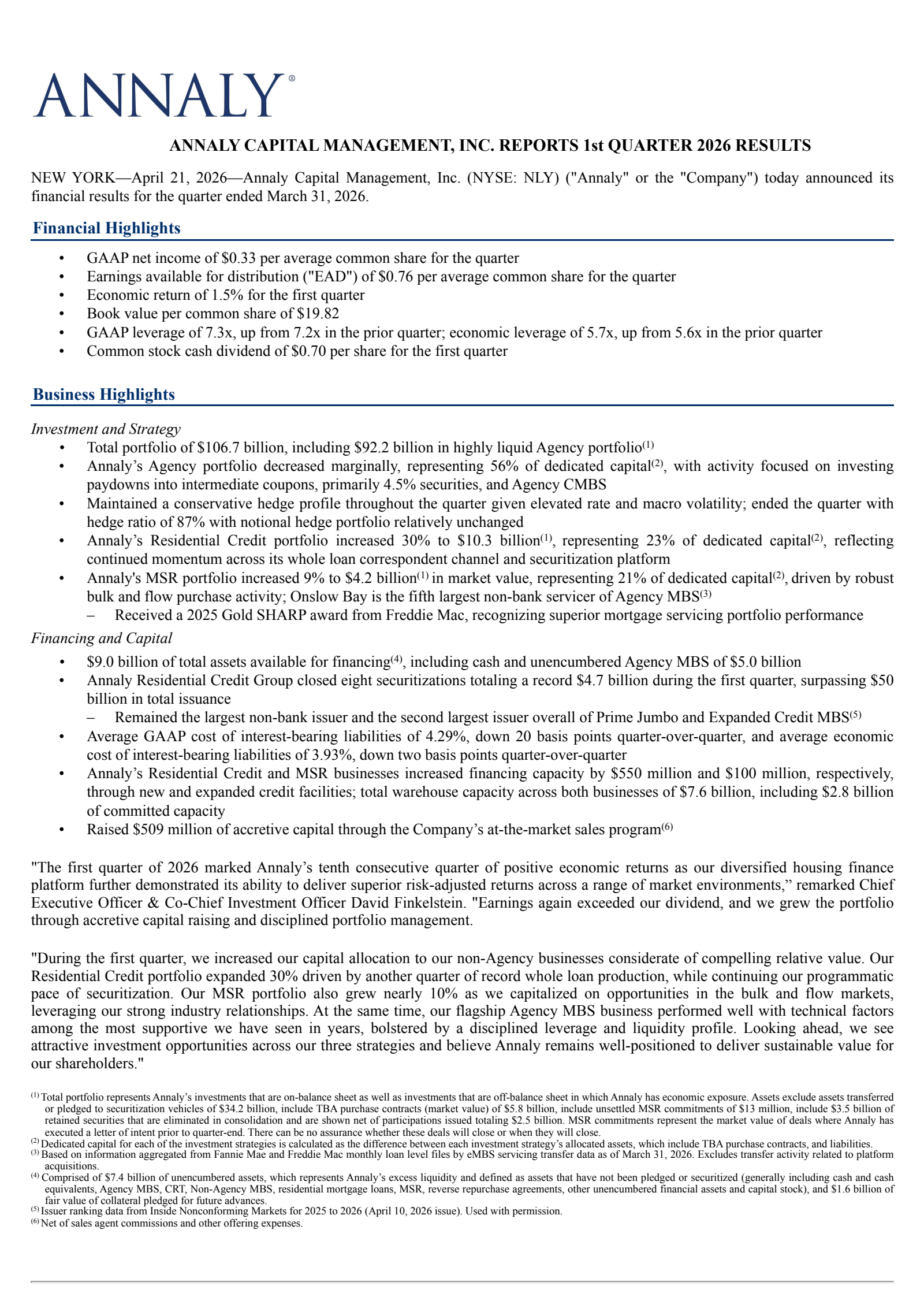 NLY Q1 2026 Earnings Report on 4/21/2026