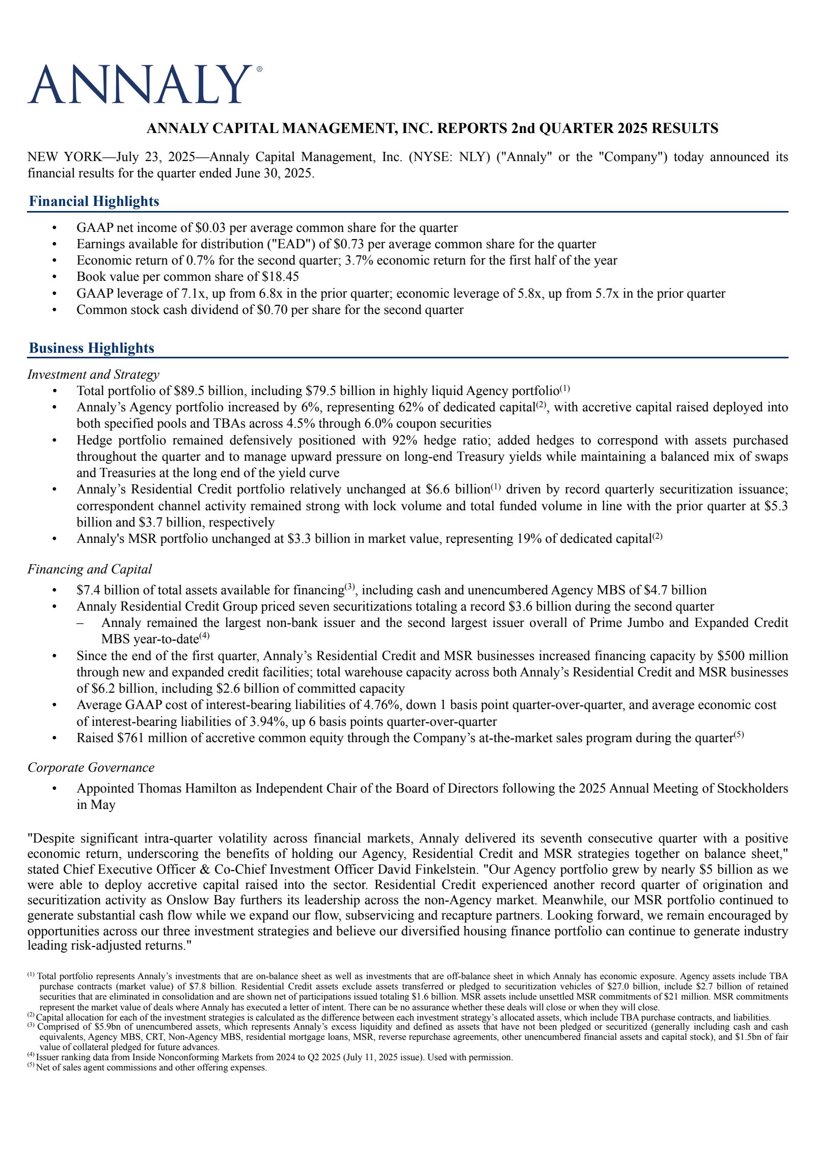 Annaly Capital Management's Q2 2025 Press Release